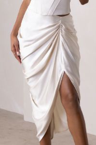 Unrivalled | Off White Satin High Waist Thigh Split Midi Skirt sold by Club L London