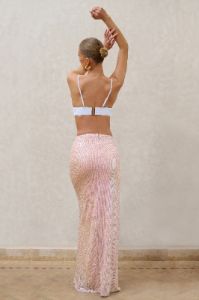 Starlight Supreme | Pink Sequin Iridescent Thigh Split Maxi Skirt With Wrap Front Detail sold by Club L London