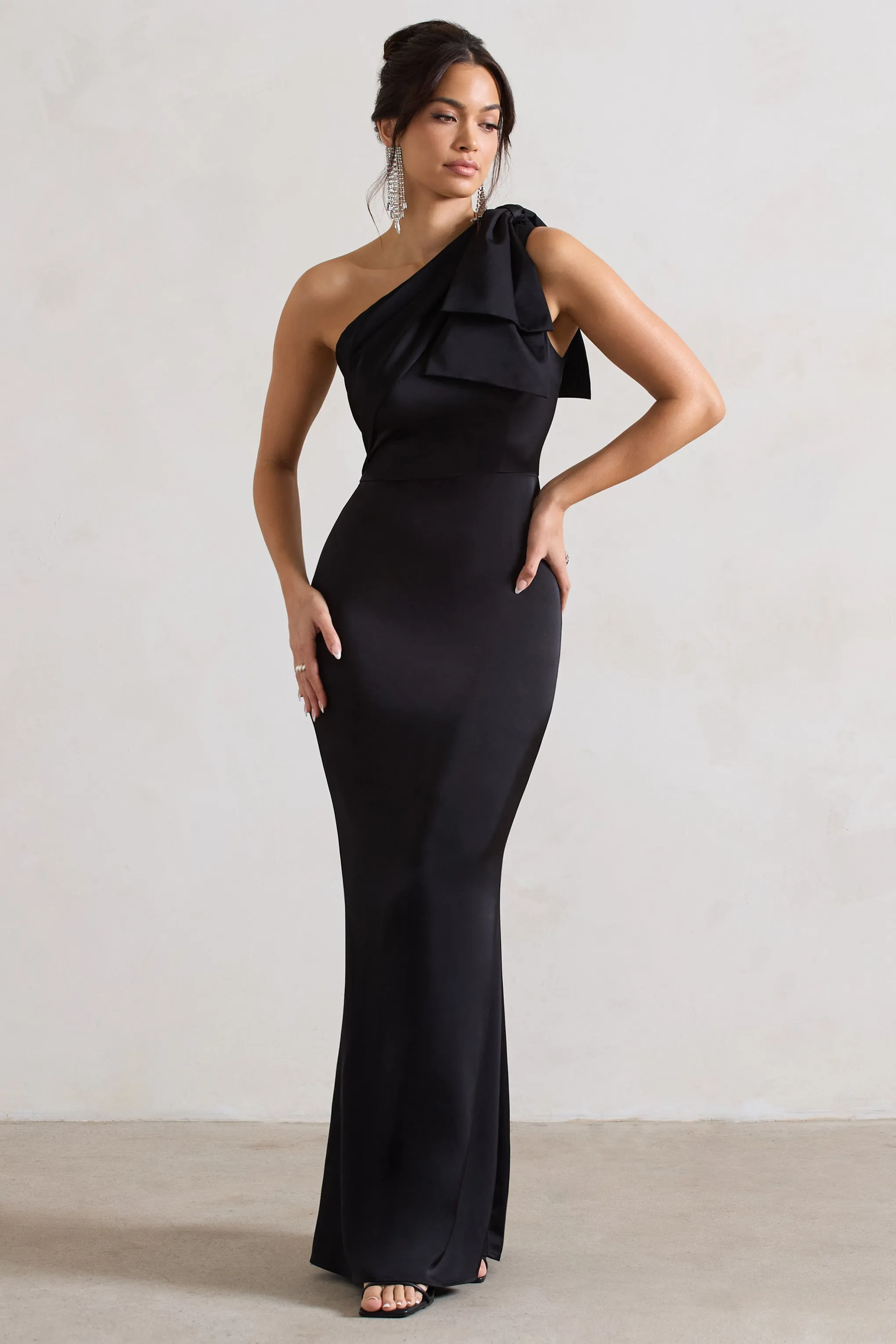 Lady | Black Satin One Shoulder Maxi Dress With Bow sold by Club L London product image thumbnail 5