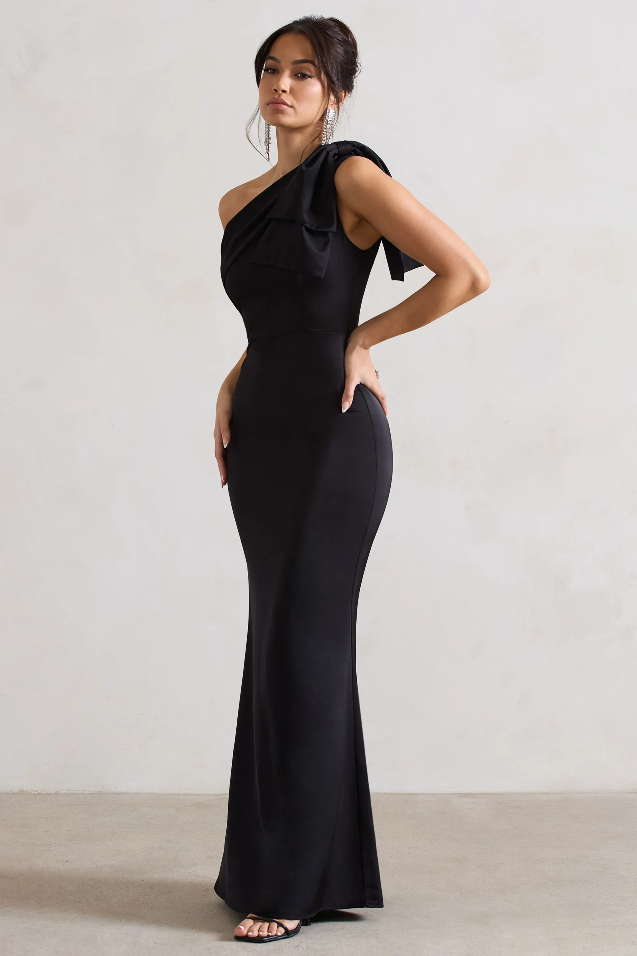 Lady | Black Satin One Shoulder Maxi Dress With Bow sold by Club L London product image thumbnail 4