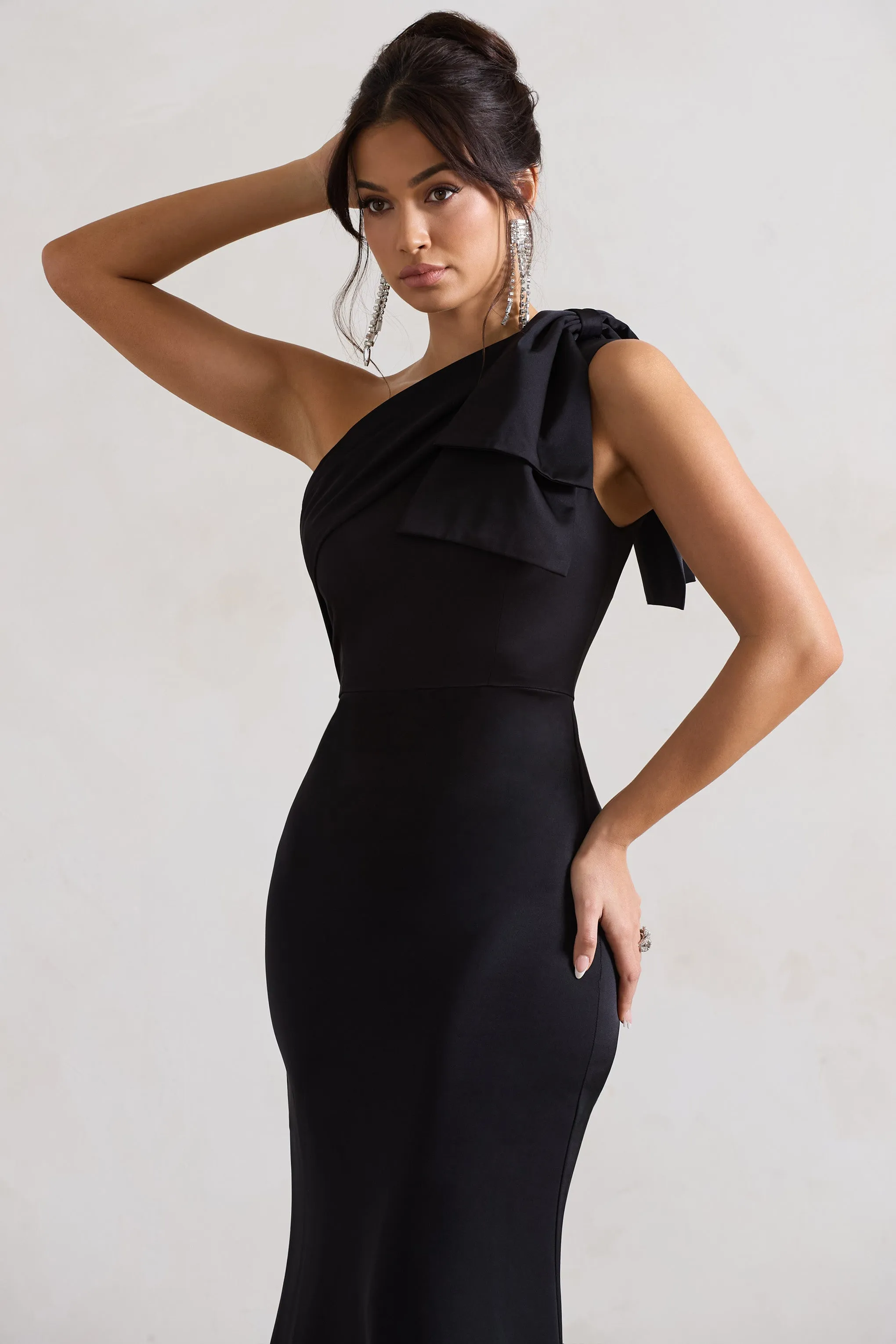 Lady | Black Satin One Shoulder Maxi Dress With Bow sold by Club L London product image thumbnail 3