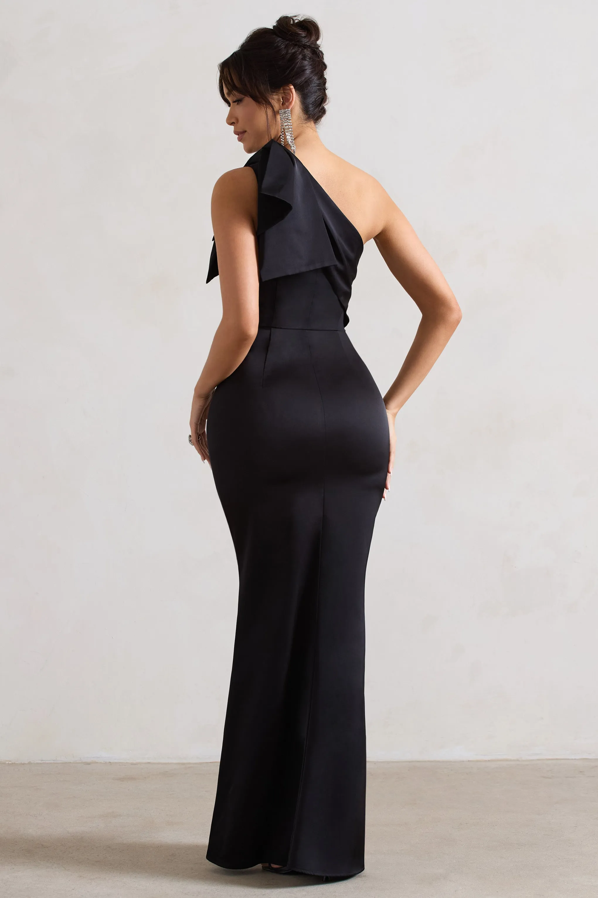 Lady | Black Satin One Shoulder Maxi Dress With Bow sold by Club L London product image thumbnail 2