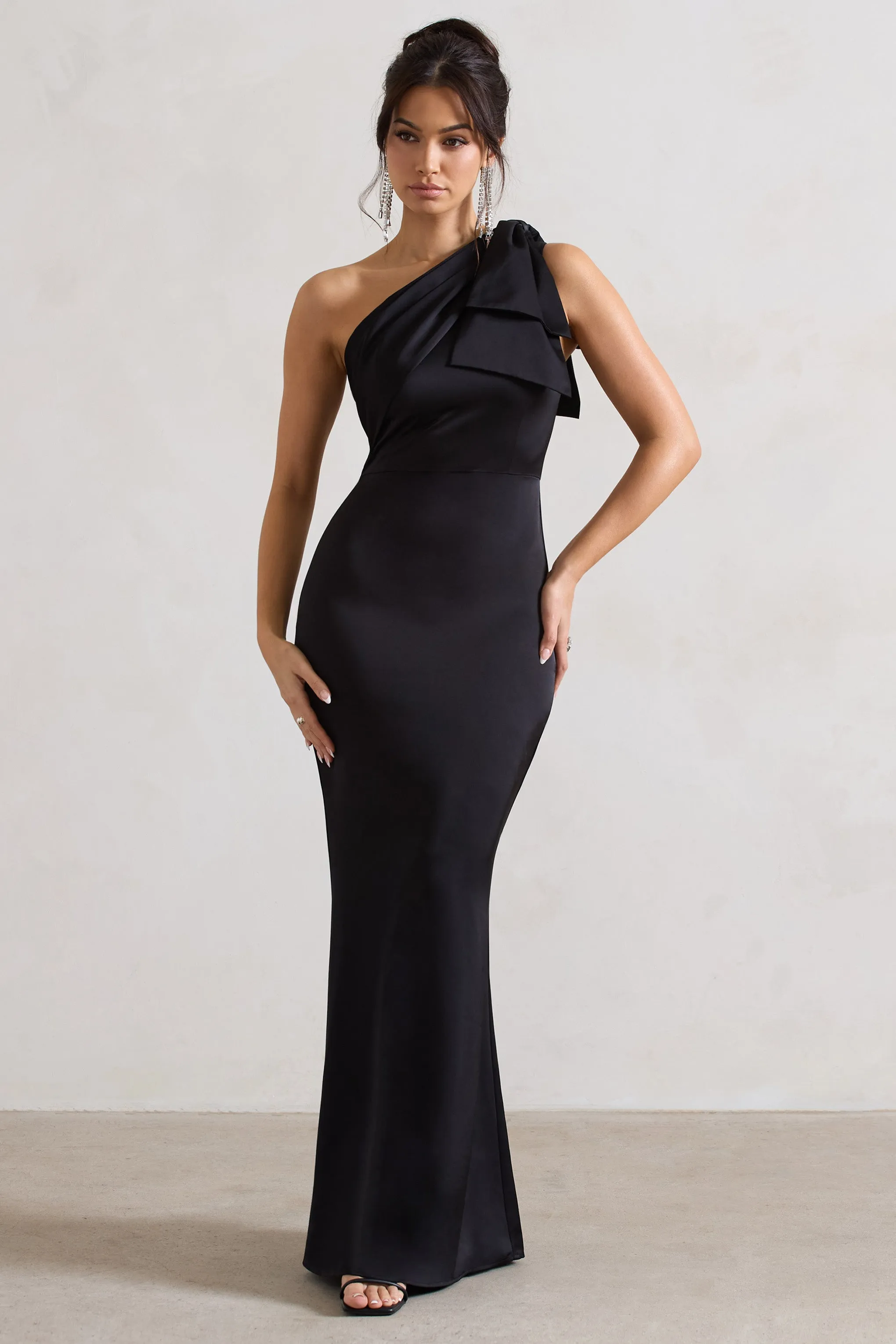 Lady | Black Satin One Shoulder Maxi Dress With Bow sold by Club L London
