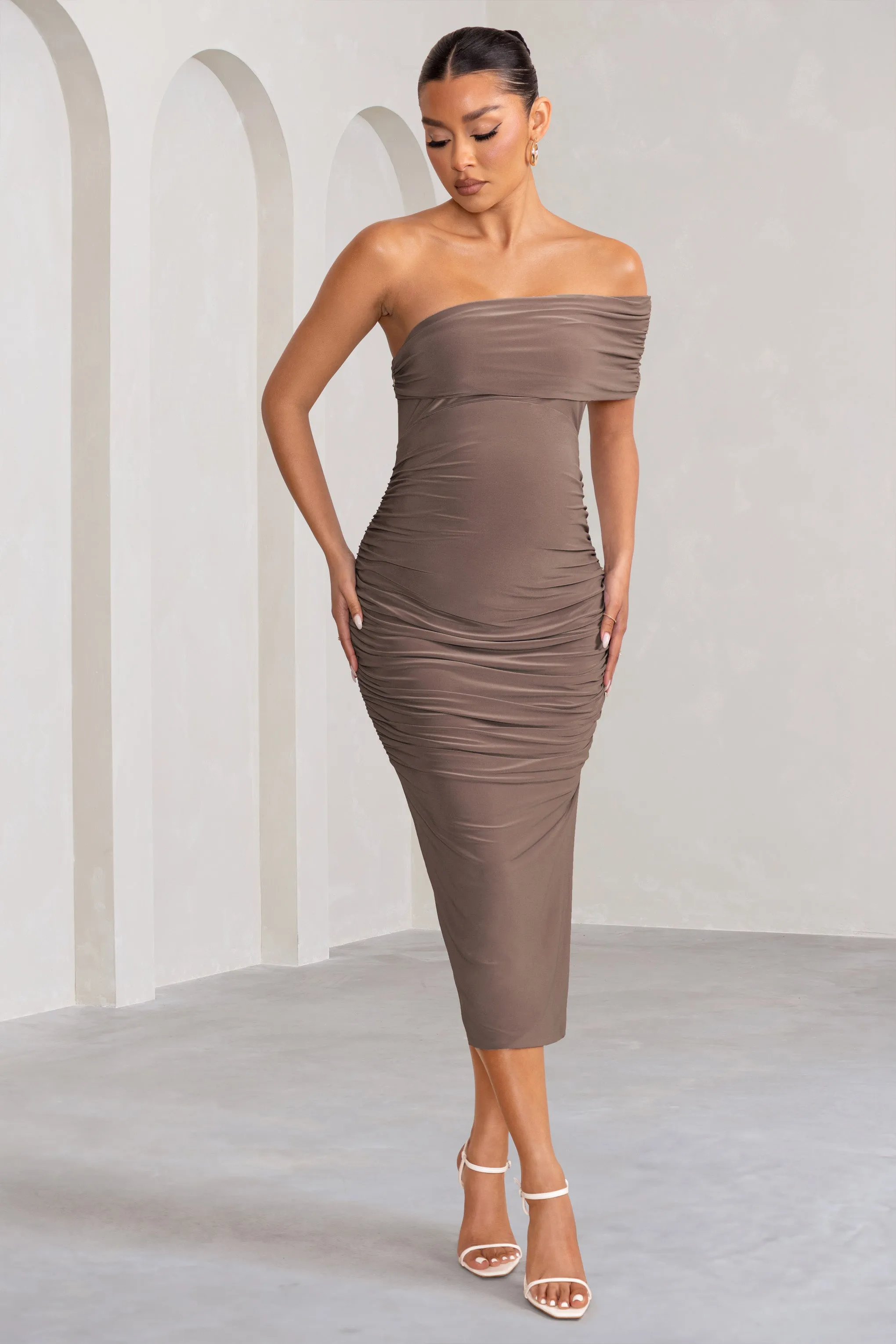 Odelia | Mocha Maternity Midi Dress with Asymmetric Sleeve and Side Split sold by Club L London product image thumbnail 4