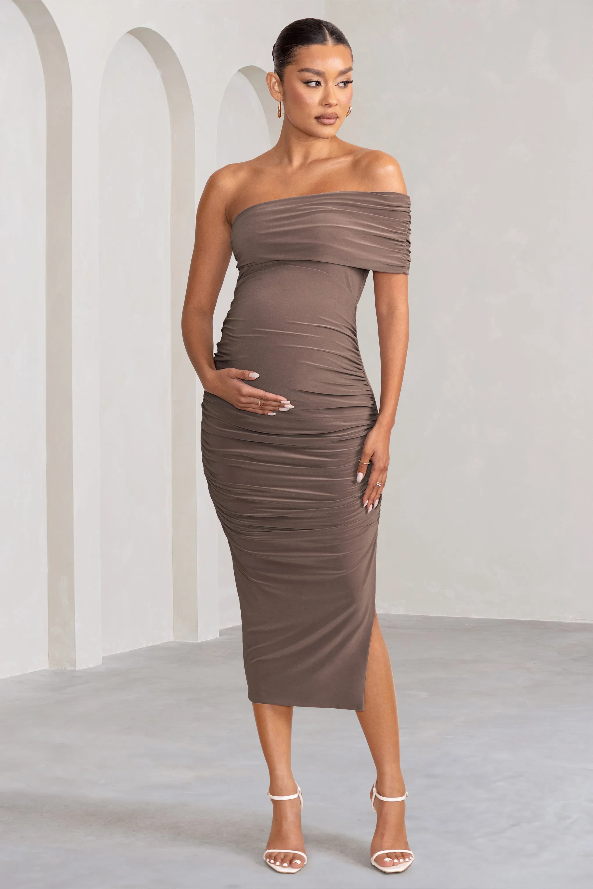 Odelia | Mocha Maternity Midi Dress with Asymmetric Sleeve and Side Split sold by Club L London