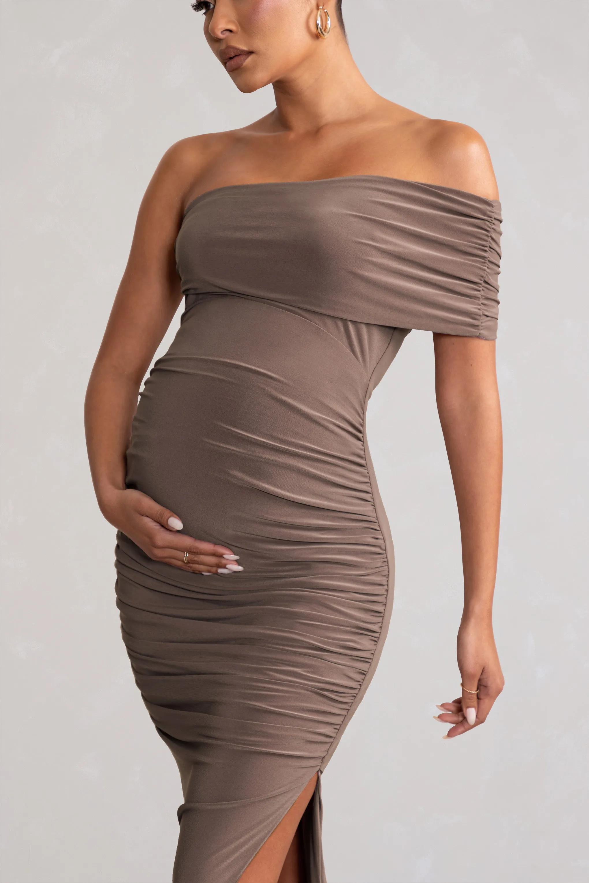 Odelia | Mocha Maternity Midi Dress with Asymmetric Sleeve and Side Split sold by Club L London product image thumbnail 3