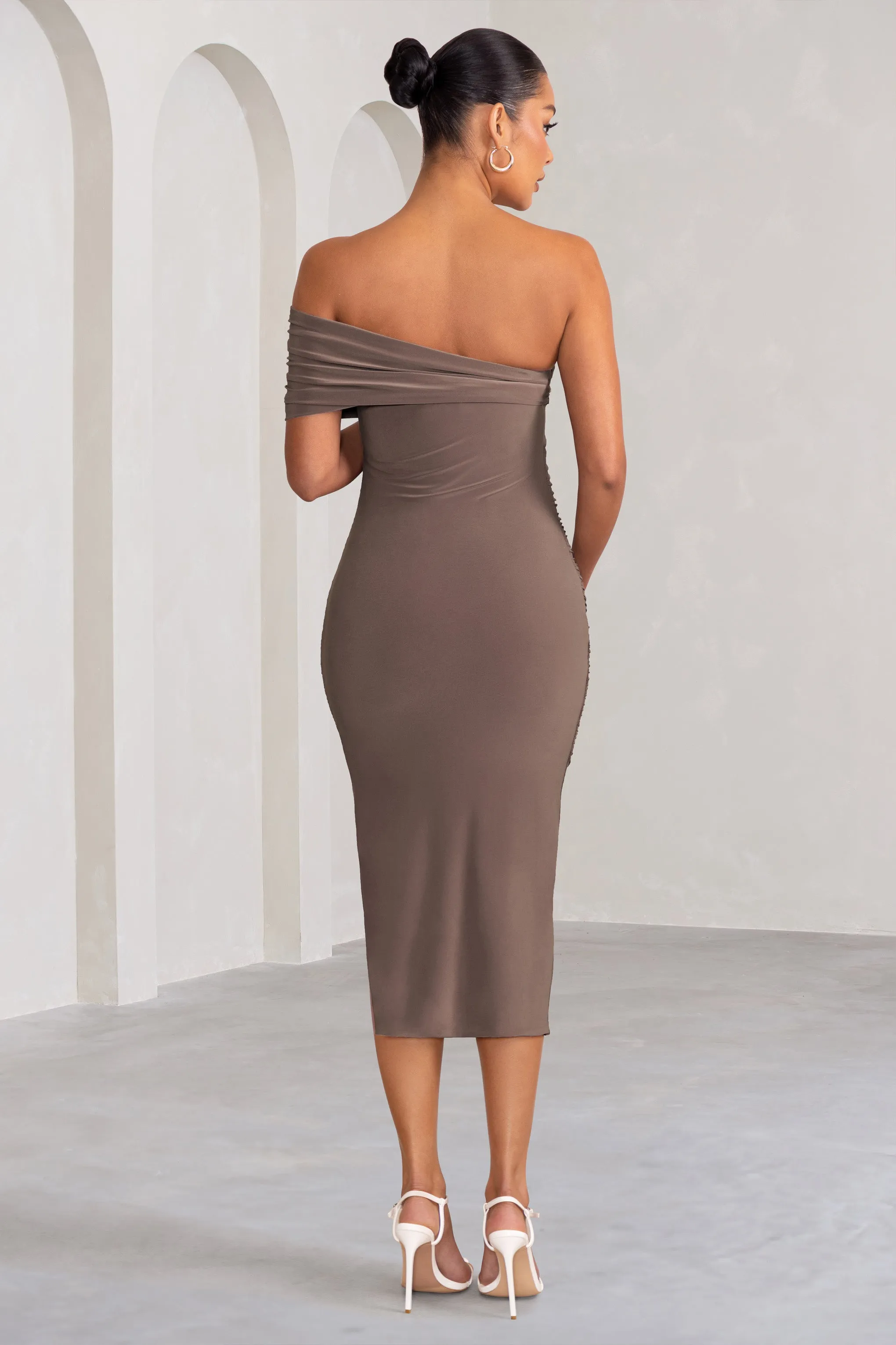 Odelia | Mocha Maternity Midi Dress with Asymmetric Sleeve and Side Split sold by Club L London product image thumbnail 2