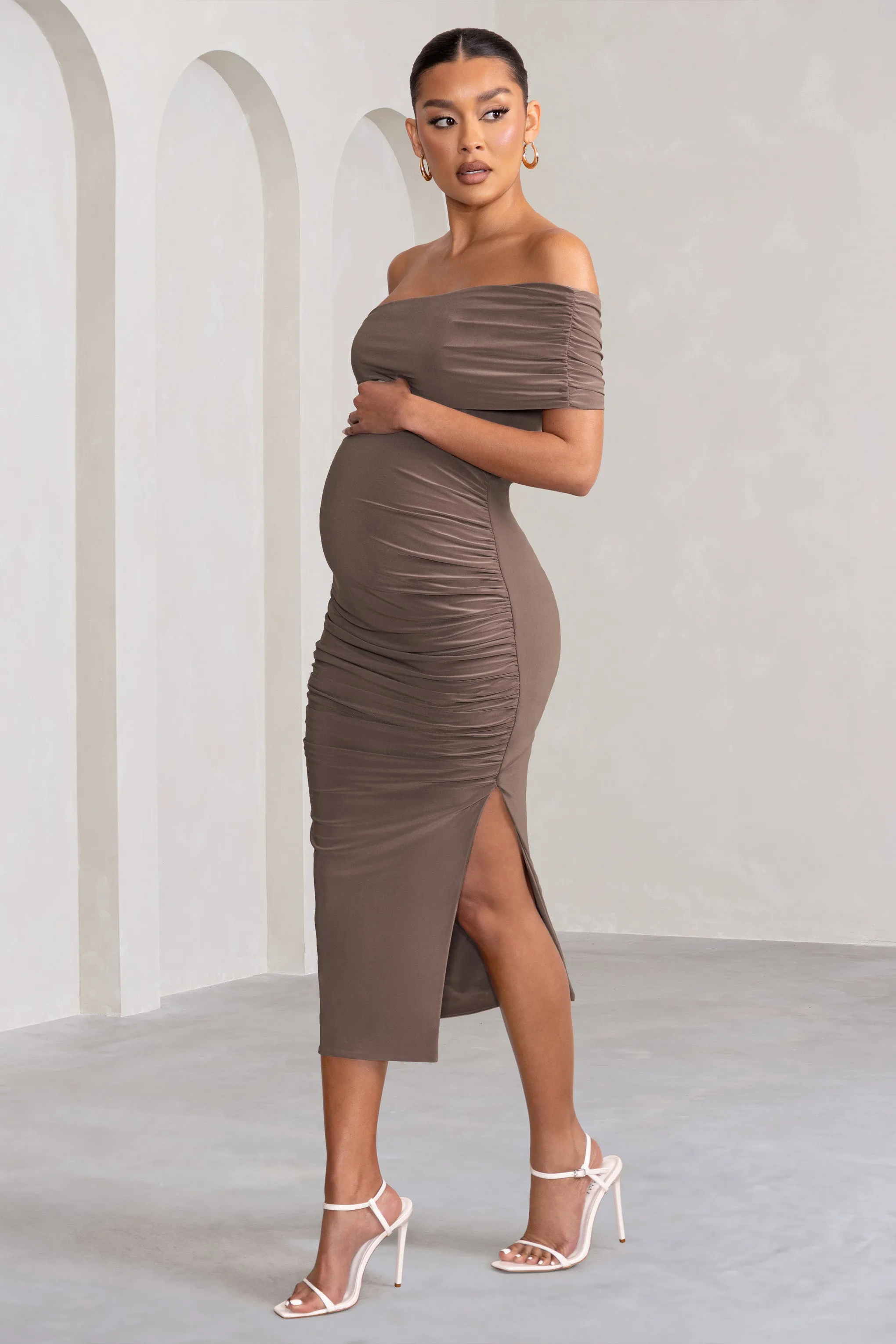 Odelia | Mocha Maternity Midi Dress with Asymmetric Sleeve and Side Split sold by Club L London product image thumbnail 5