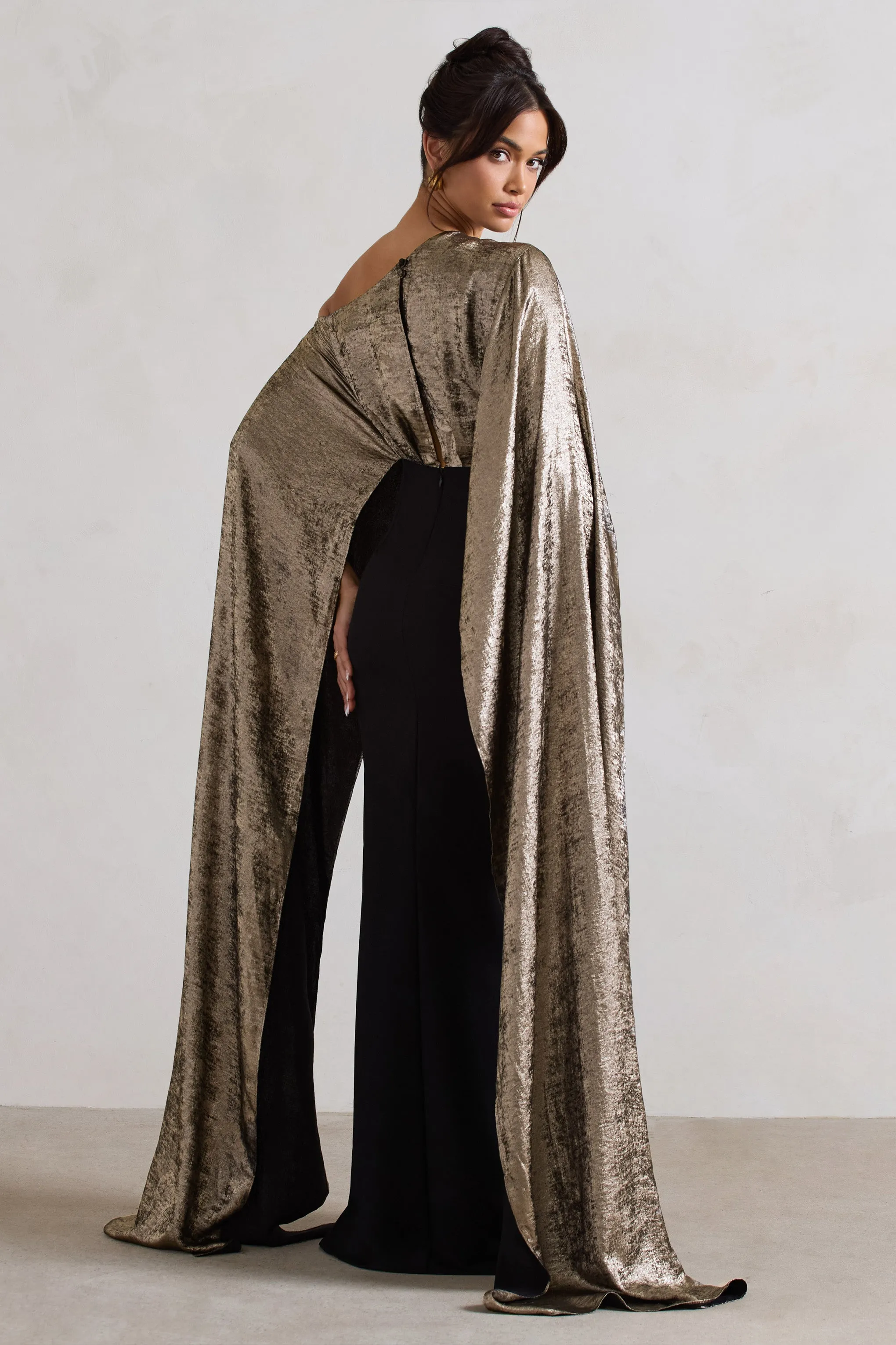 Alura | Black & Gold Metallic One Shoulder Cape Maxi Dress sold by Club L London product image thumbnail 3