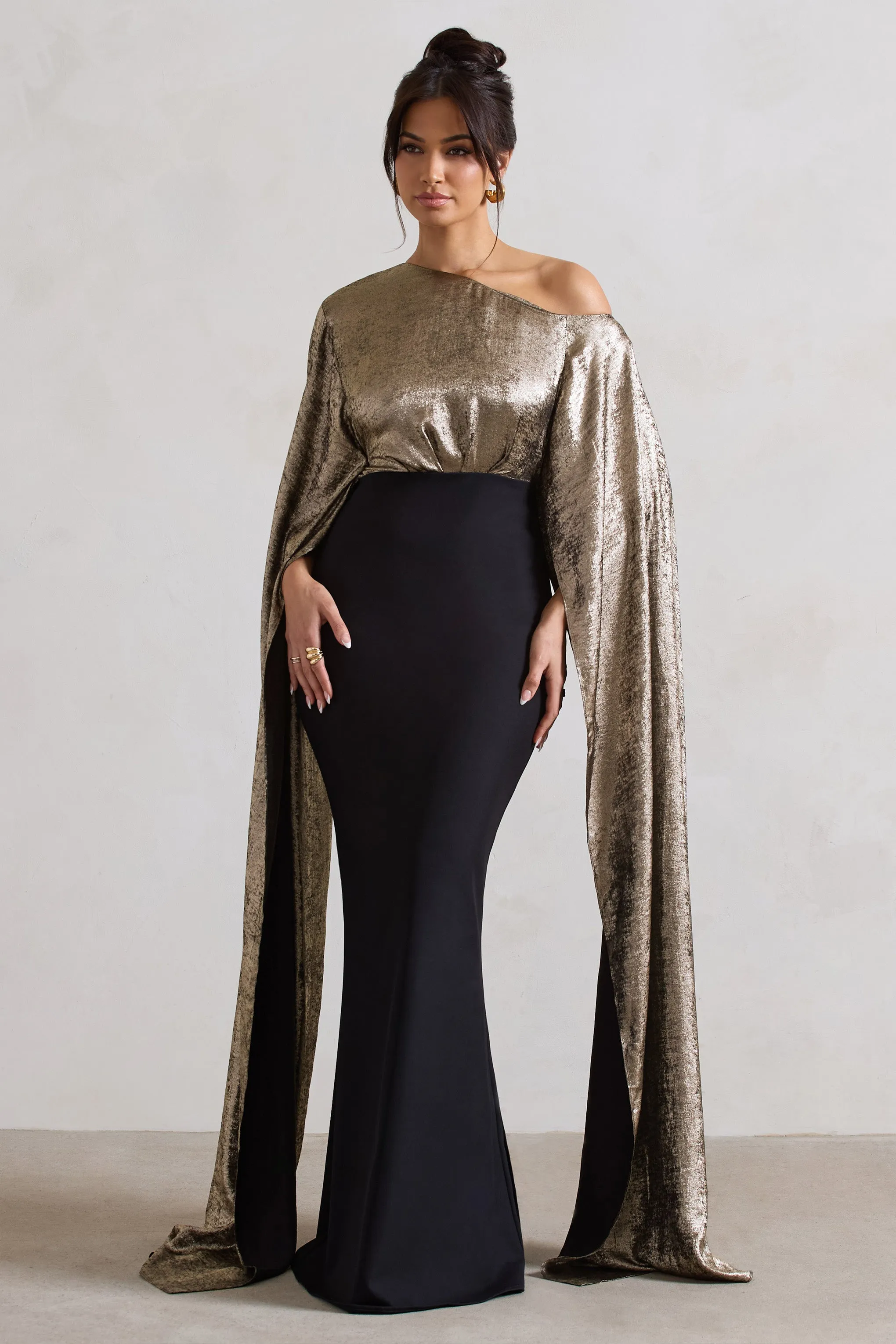 Alura | Black & Gold Metallic One Shoulder Cape Maxi Dress sold by Club L London product image thumbnail 2