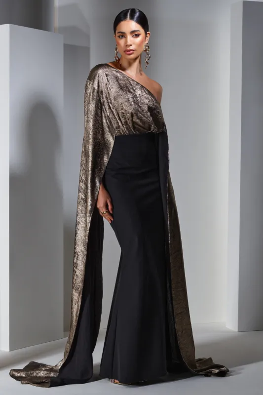 Alura | Black & Gold Metallic One Shoulder Cape Maxi Dress sold by Club L London