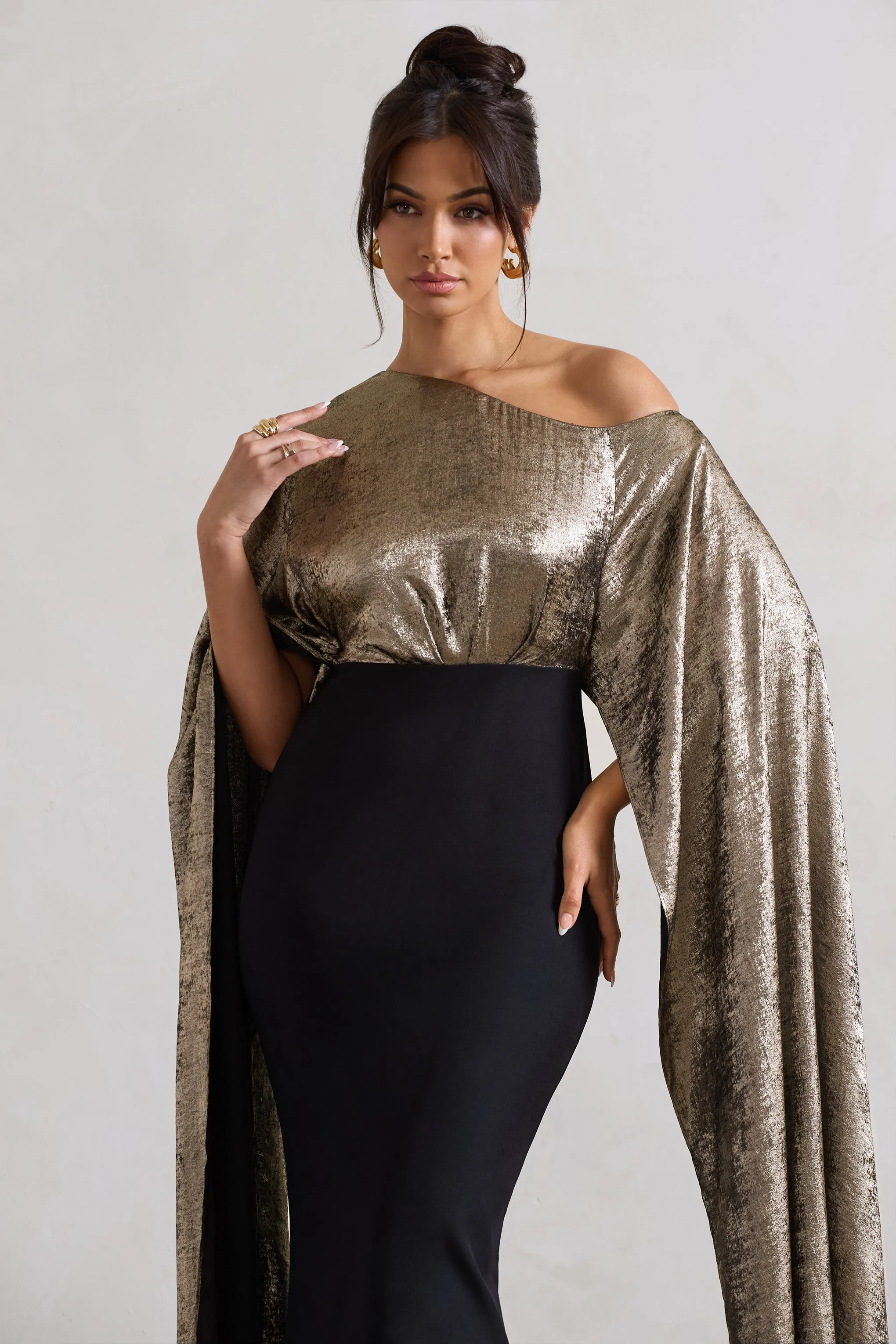 Alura | Black & Gold Metallic One Shoulder Cape Maxi Dress sold by Club L London product image thumbnail 4