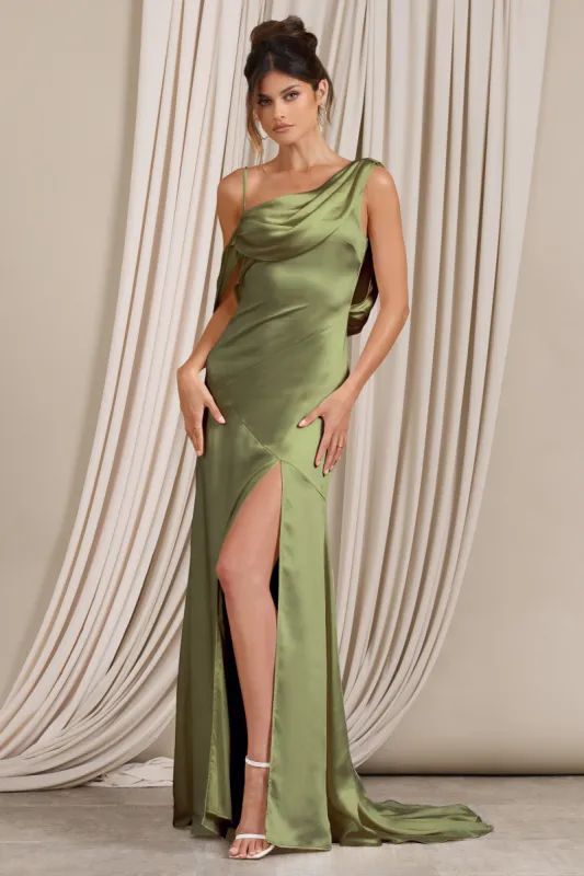 Jayne | Olive Satin Asymmetric Draped Split Maxi Dress sold by Club L London