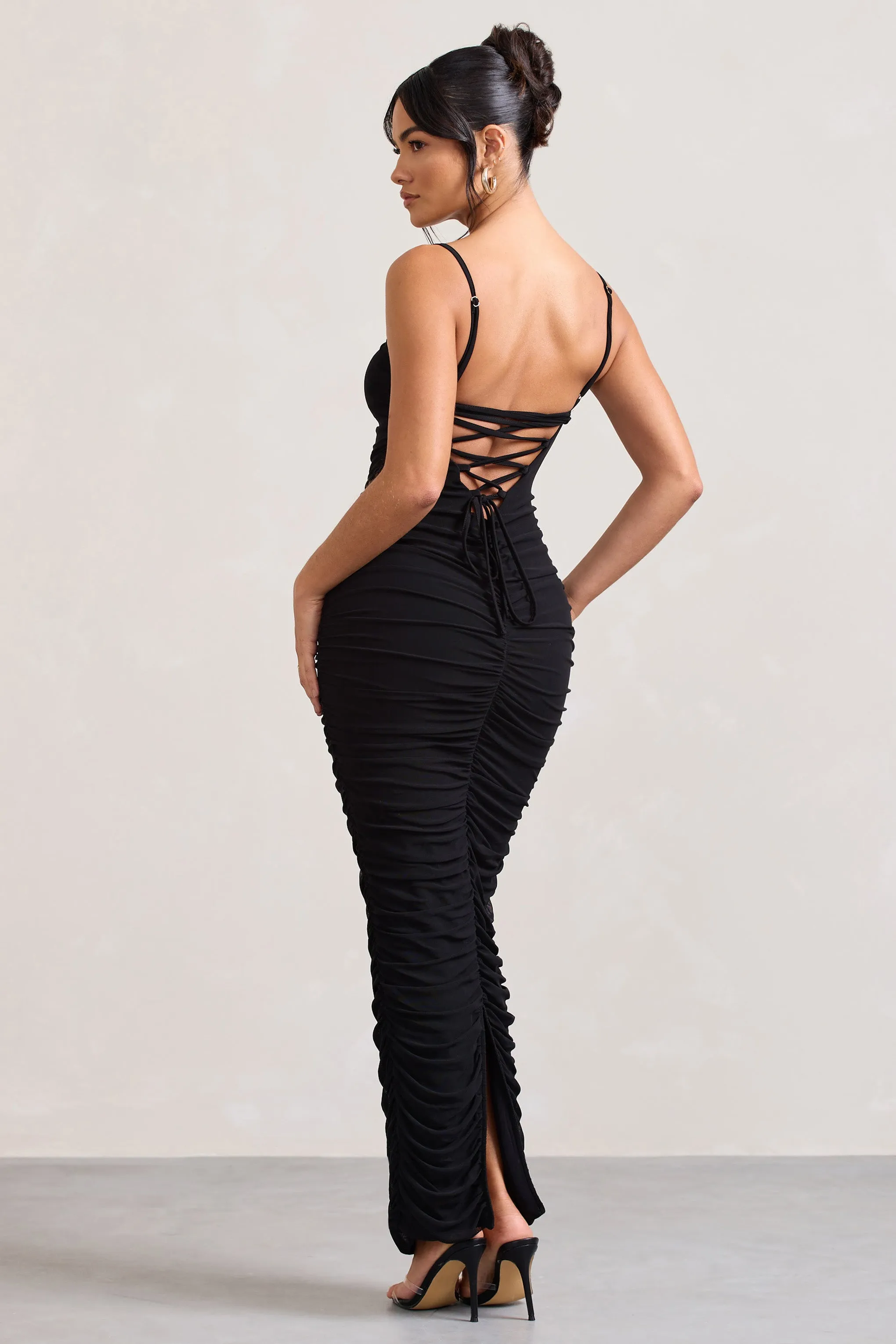 Ellis | Black Ruched Mesh Strappy Bodycon Maxi Dress sold by Club L London product image thumbnail 3
