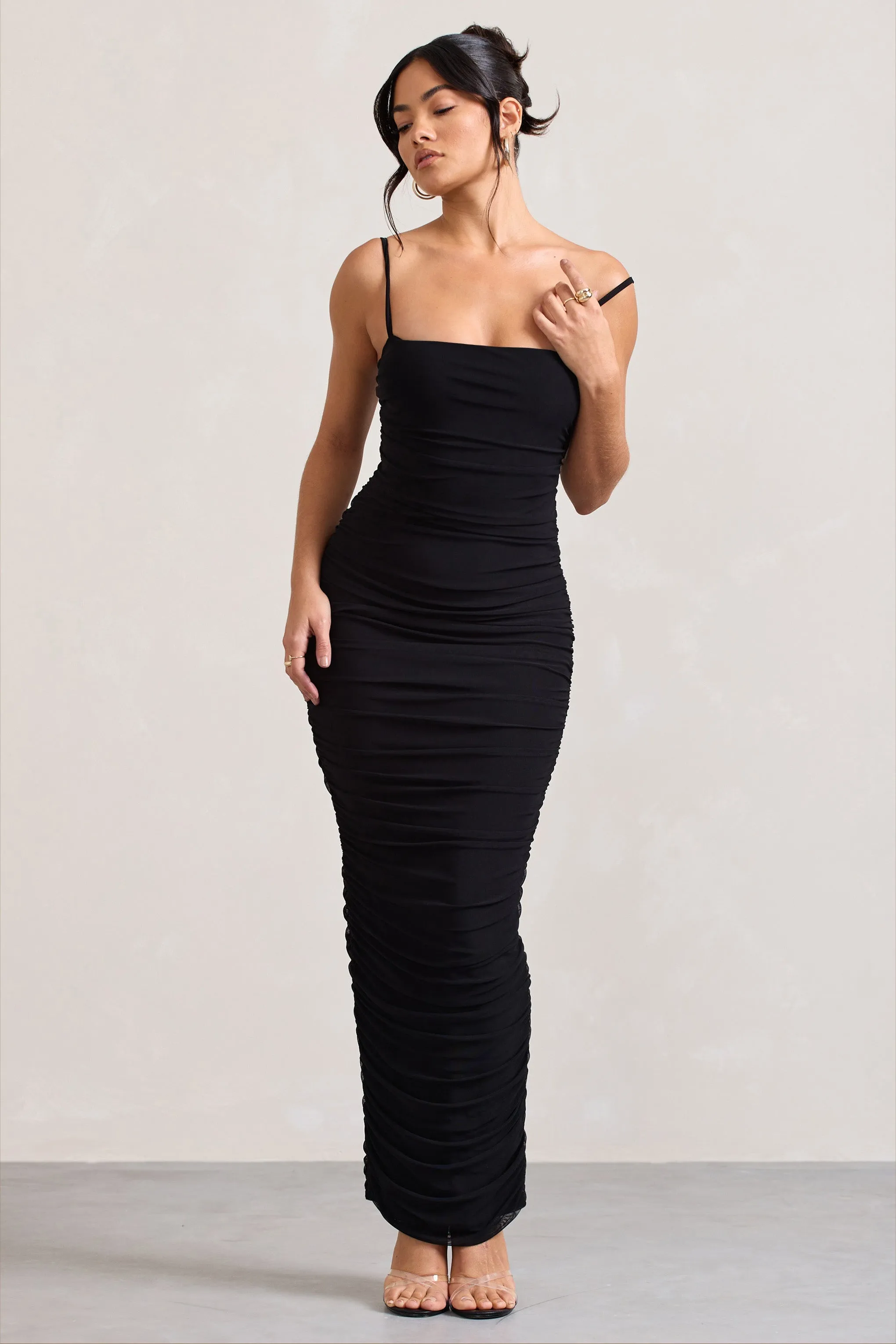 Ellis | Black Ruched Mesh Strappy Bodycon Maxi Dress sold by Club L London
