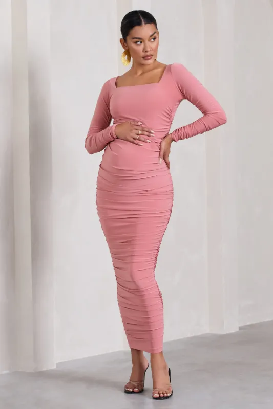 Prissie | Blush Pink Ruched Square-Neck Long-Sleeve Maternity Maxi Dress sold by Club L London