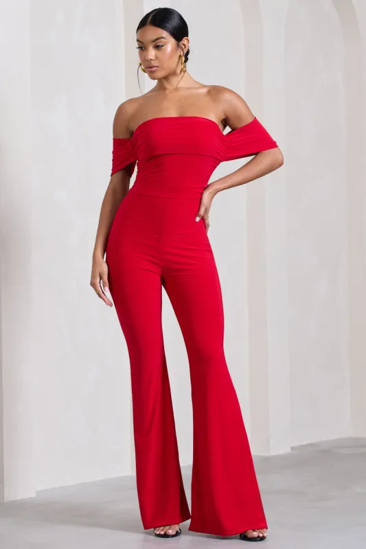 Red Carpet | Red Bardot Ruched Draped Jumpsuit sold by Club L London
