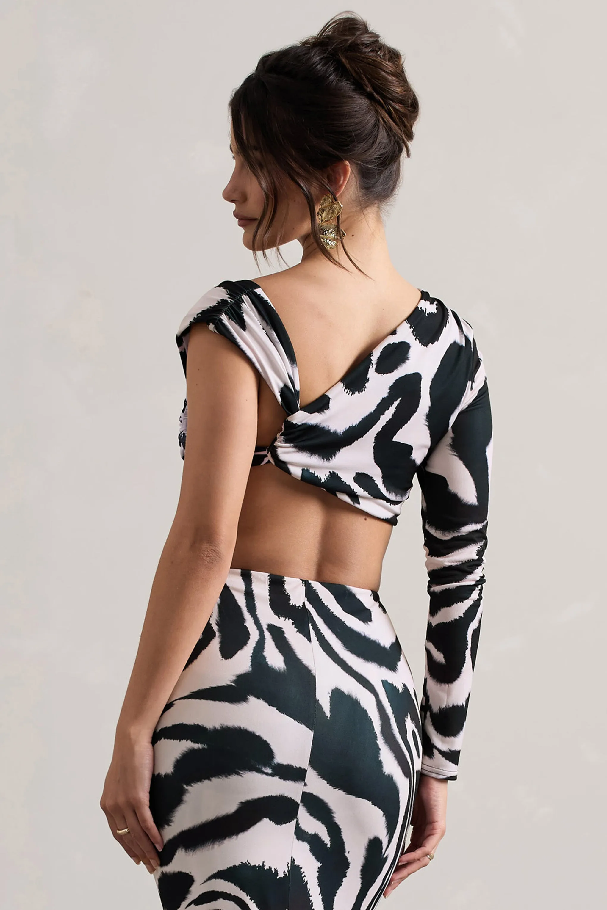 Agalia | Zebra Print Ruched Asymmetric One-Sleeve Crop Top sold by Club L London product image thumbnail 2