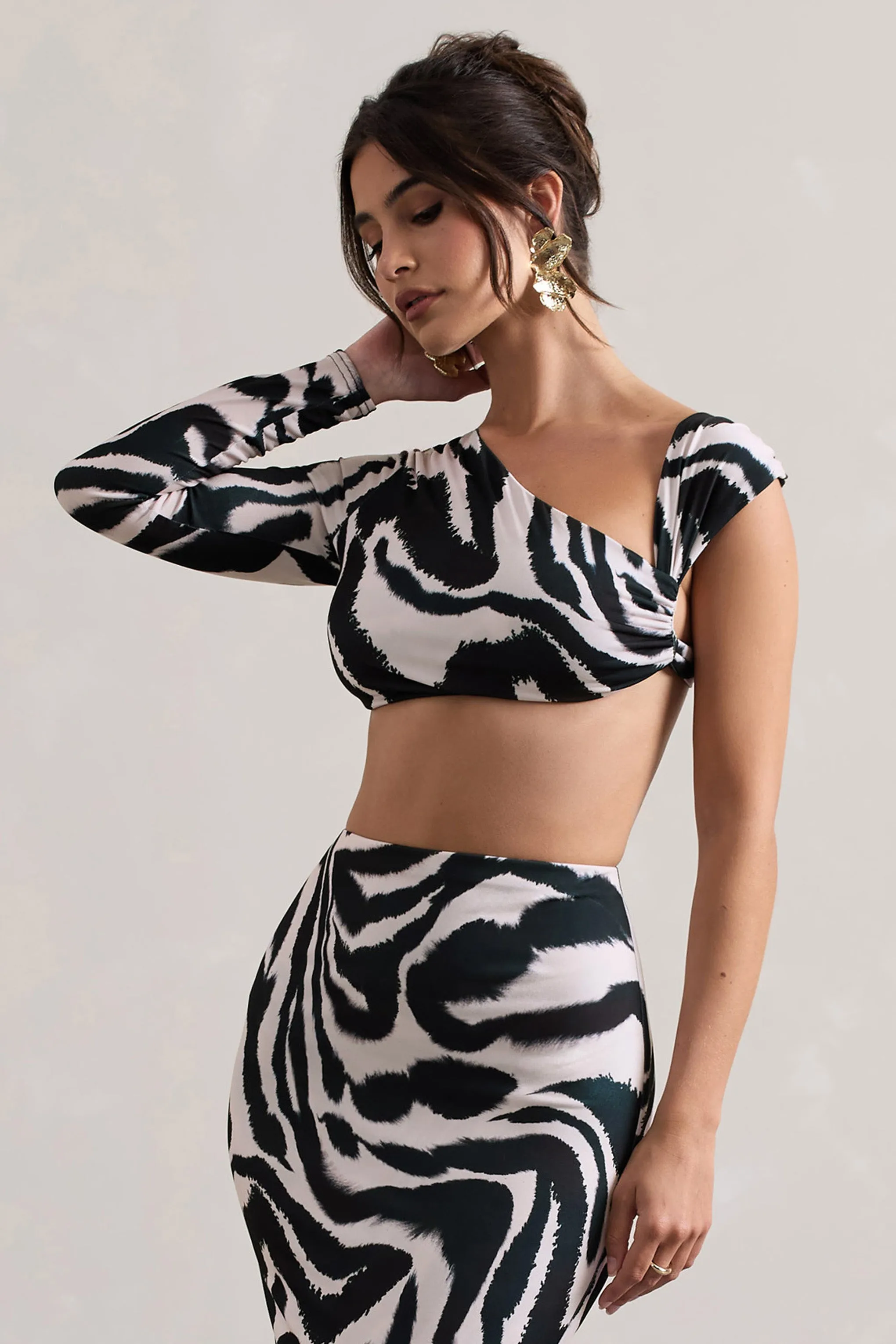 Agalia | Zebra Print Ruched Asymmetric One-Sleeve Crop Top sold by Club L London product image thumbnail 3