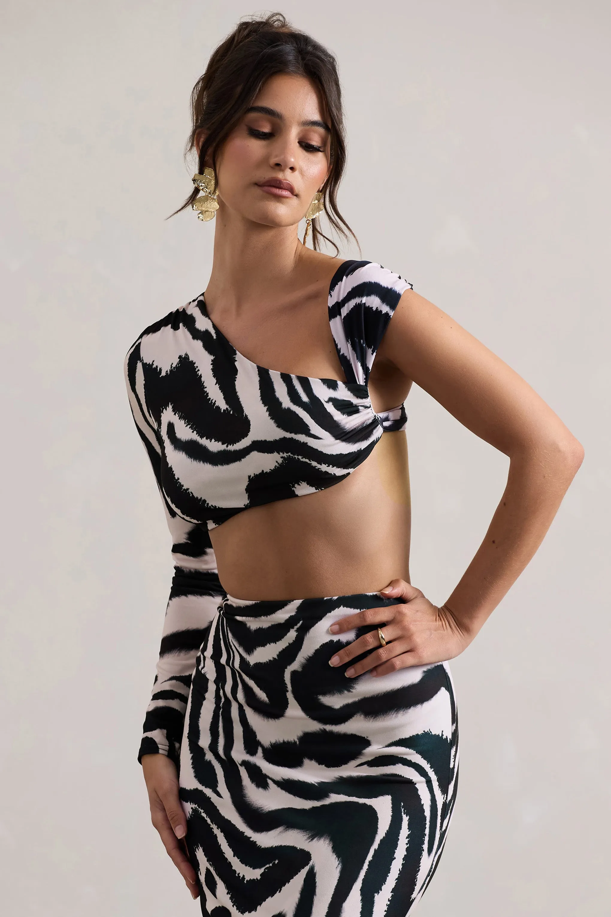 Agalia | Zebra Print Ruched Asymmetric One-Sleeve Crop Top sold by Club L London product image thumbnail 5