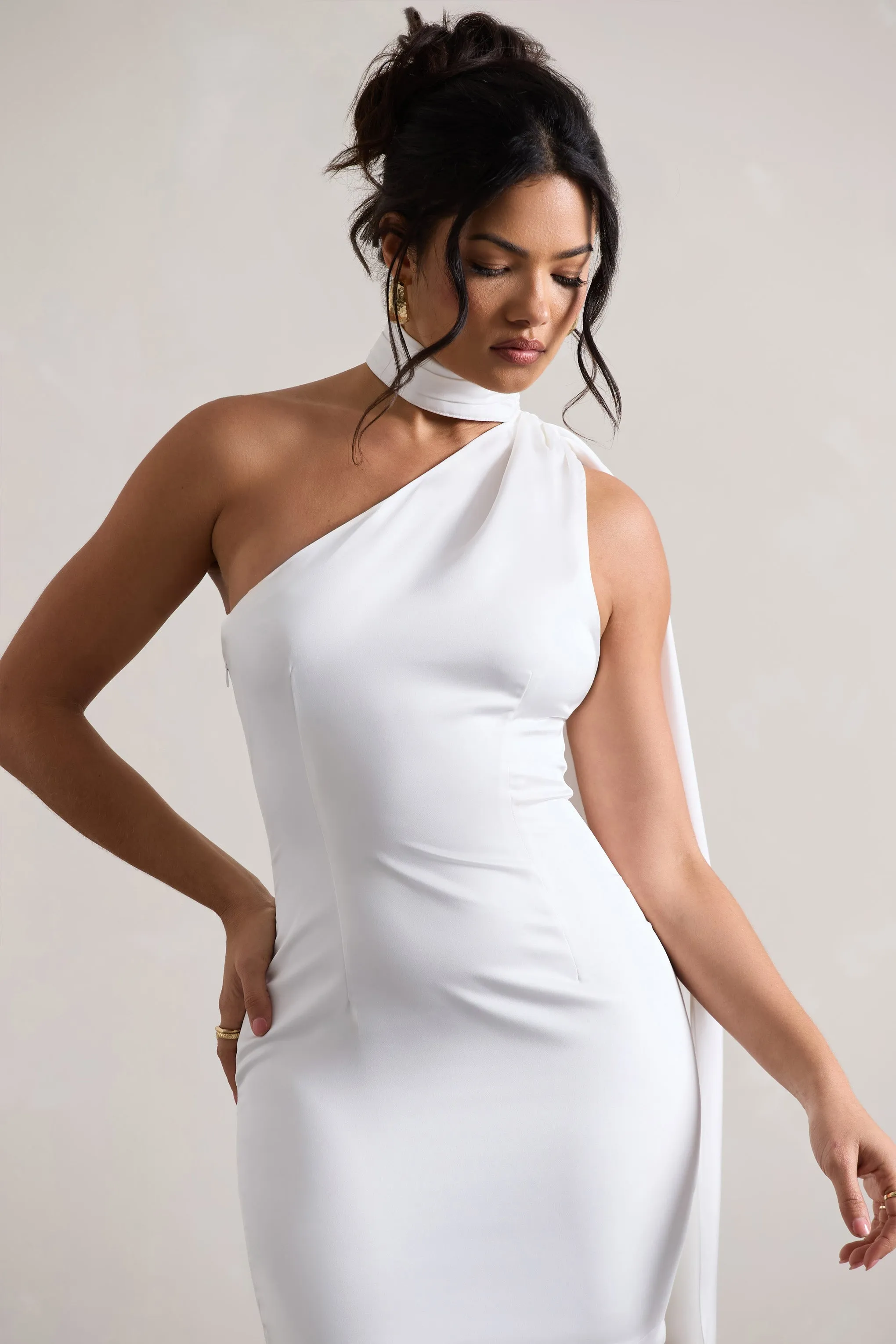 Natalie | White Satin One Shoulder Mini Dress With Scarf Detail sold by Club L London product image thumbnail 3