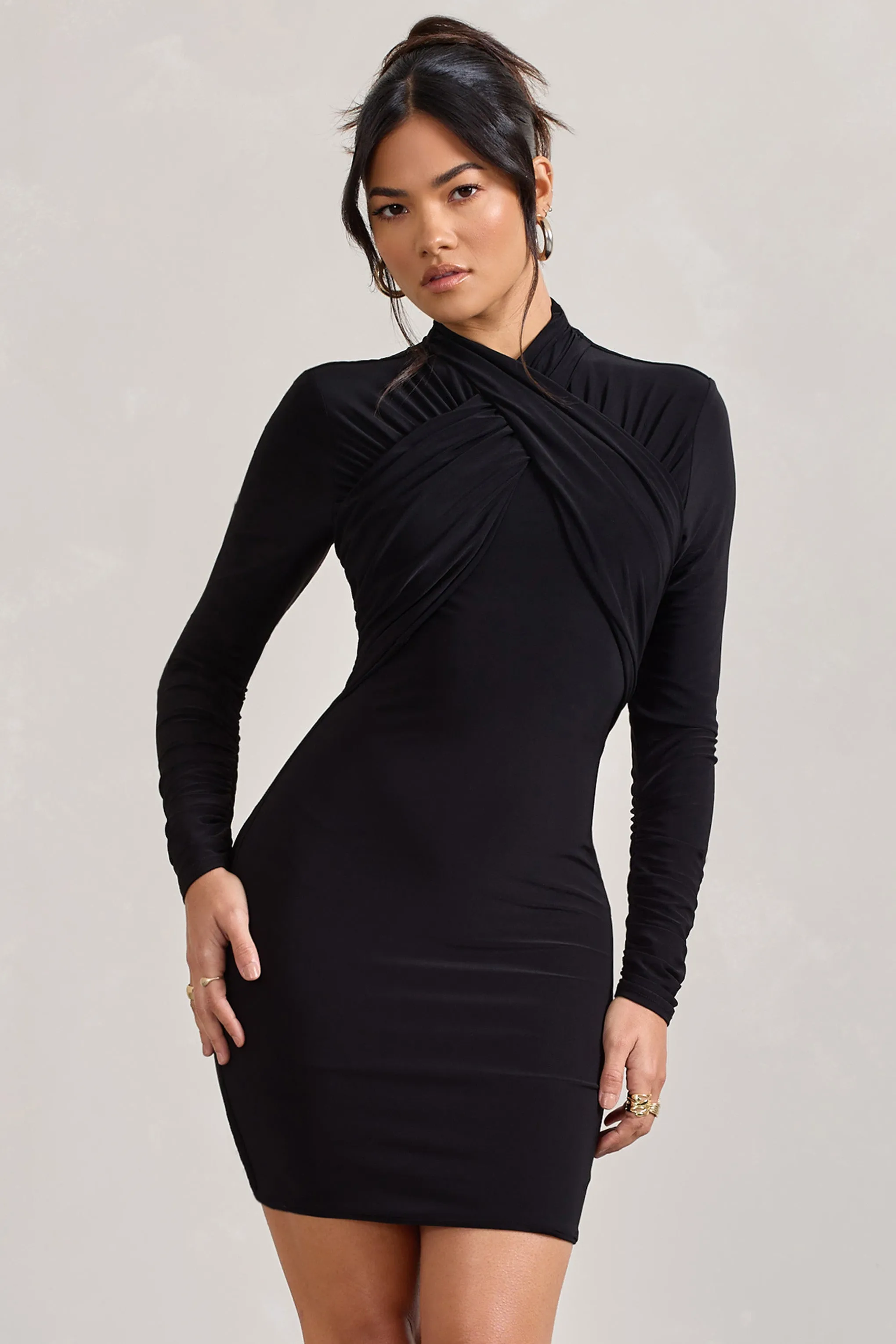 Eve | Black Crossed-Neck Long-Sleeved Bodycon Mini Dress sold by Club L London product image thumbnail 4
