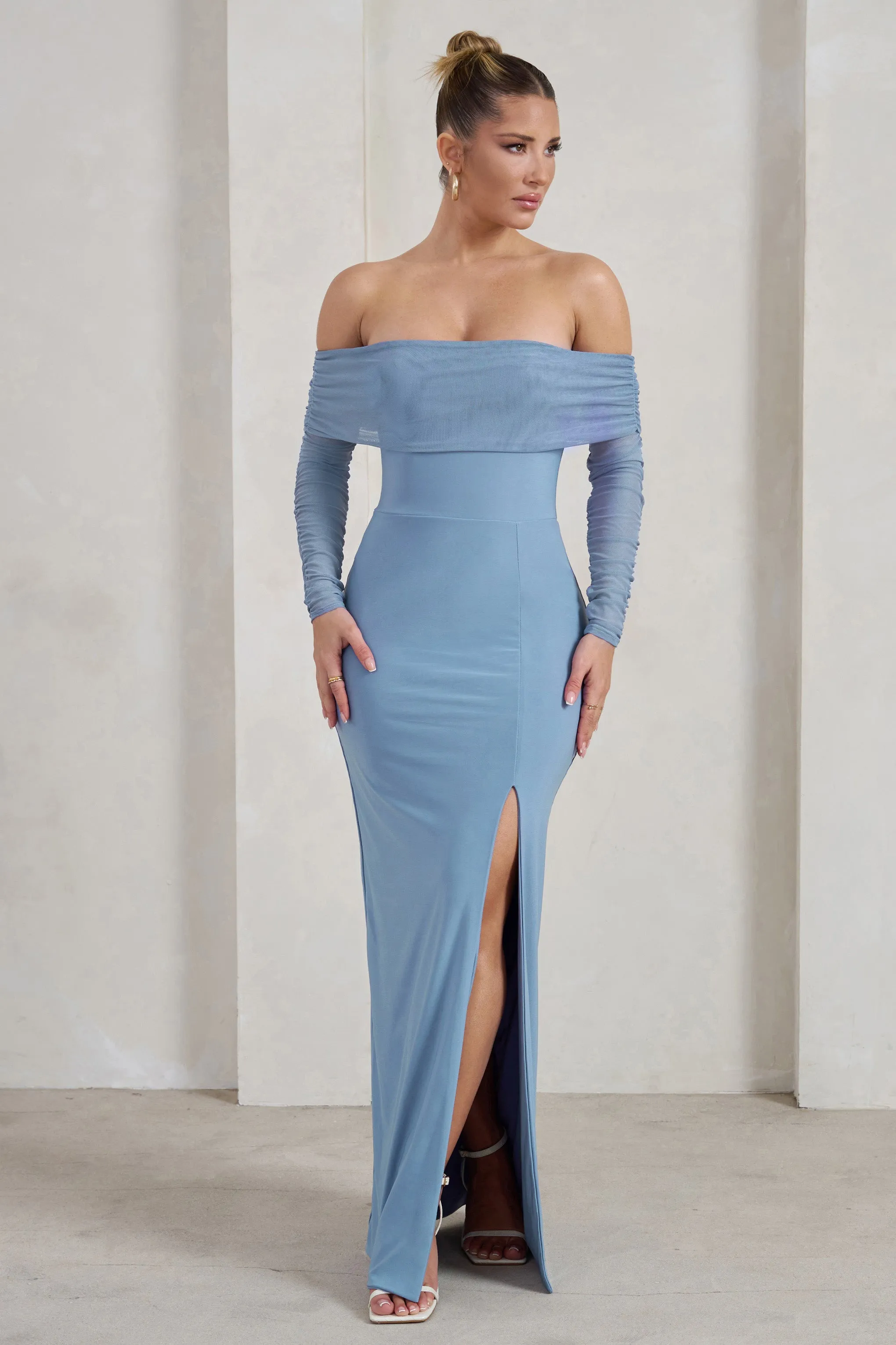 On Your Mind | Powder Blue Mesh Long Sleeve Maxi Dress sold by Club L London product image thumbnail 5
