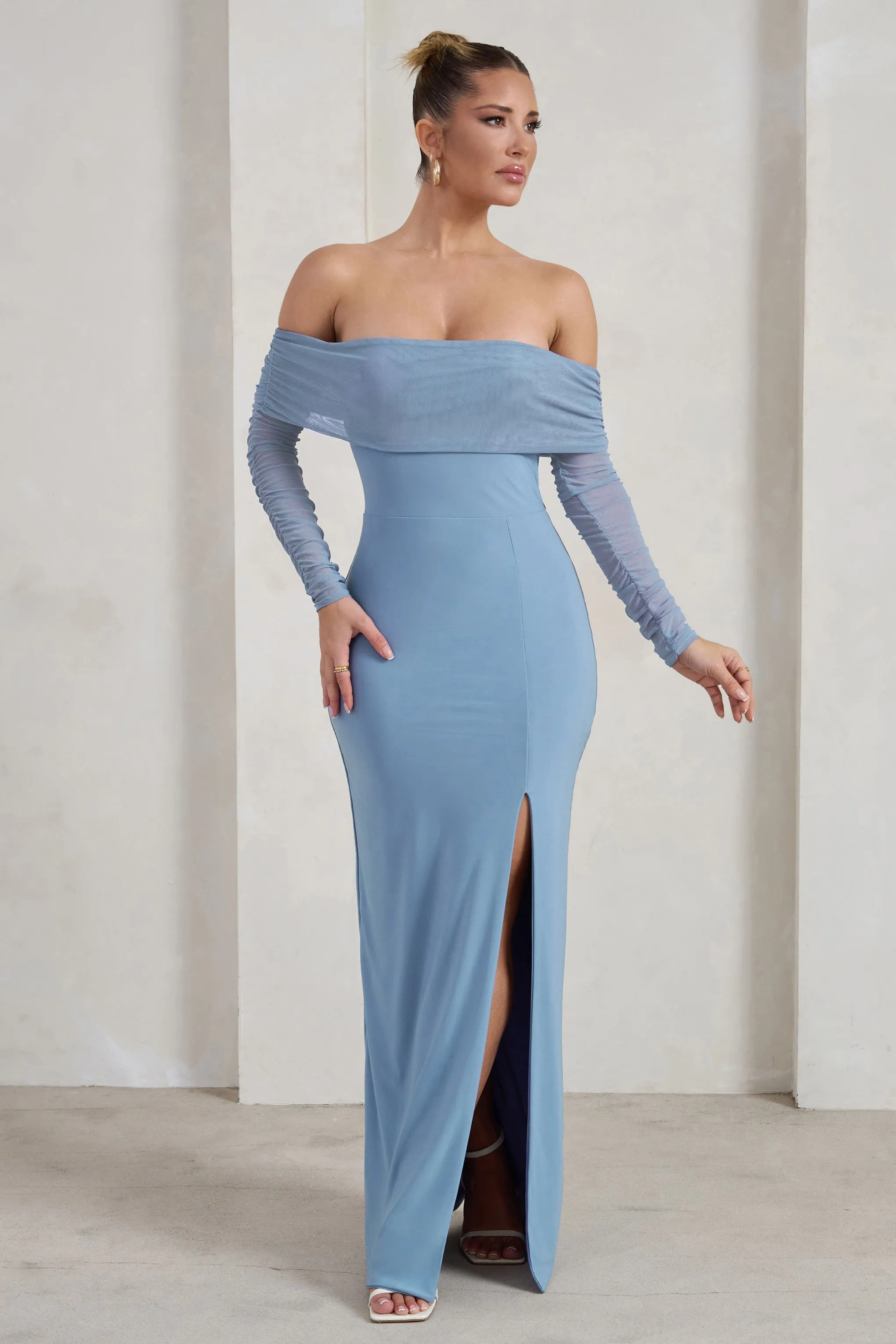 On Your Mind | Powder Blue Mesh Long Sleeve Maxi Dress sold by Club L London product image thumbnail 4