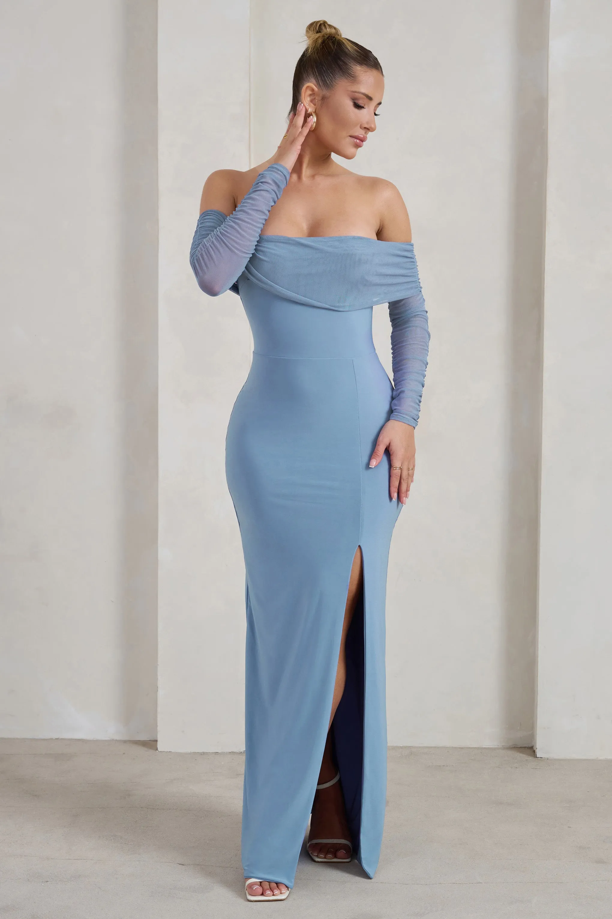 On Your Mind | Powder Blue Mesh Long Sleeve Maxi Dress sold by Club L London