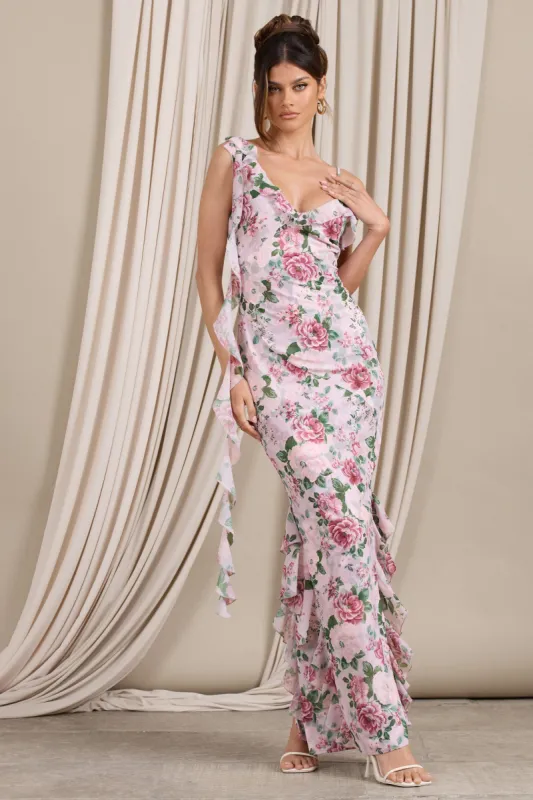 Leading Lady | Pink Floral Print Chiffon Asymmetric Ruffle Maxi Dress made by Club L London
