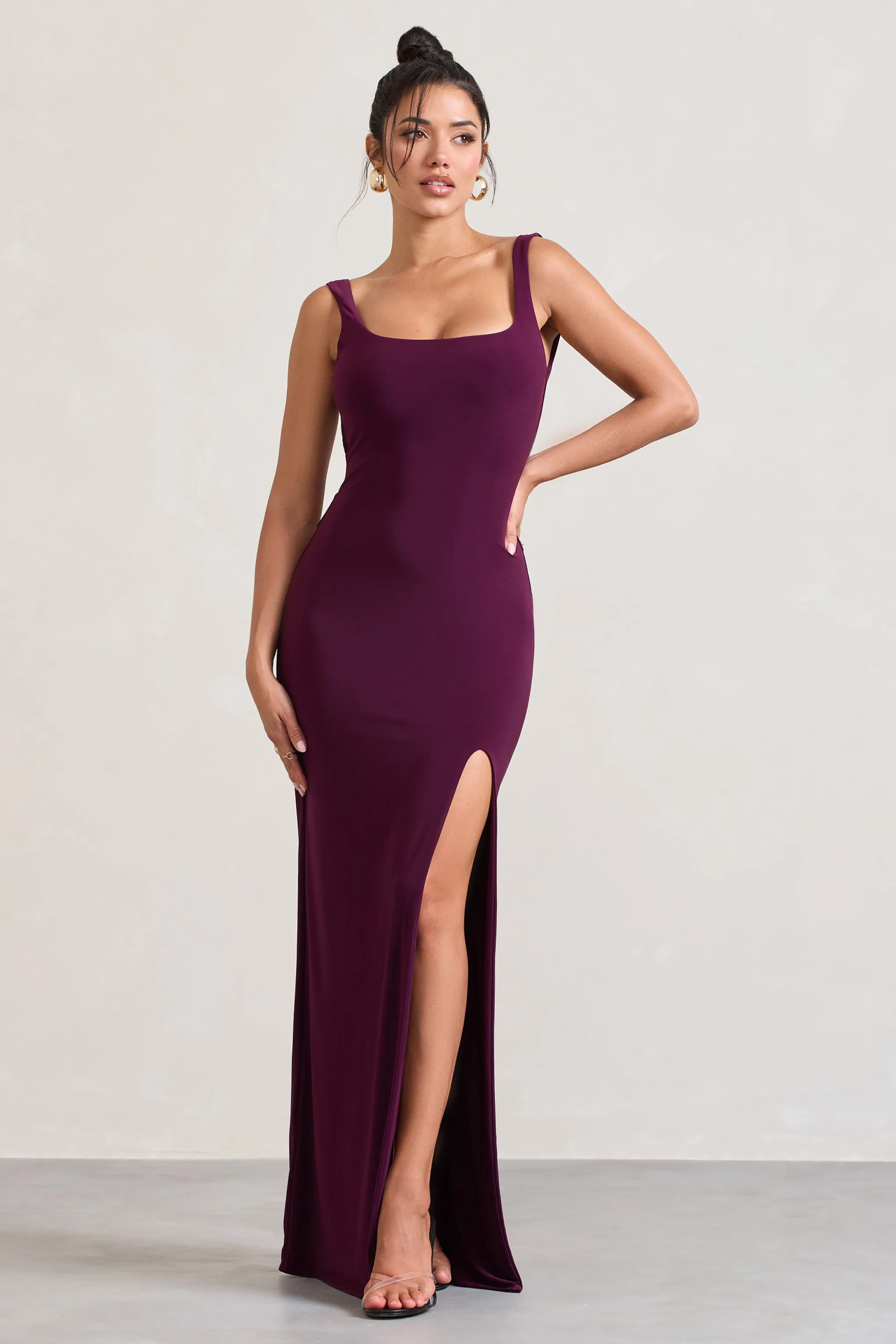 Elle | Plum Square-Neck Open-Back Split Maxi Dress sold by Club L London product image thumbnail 2