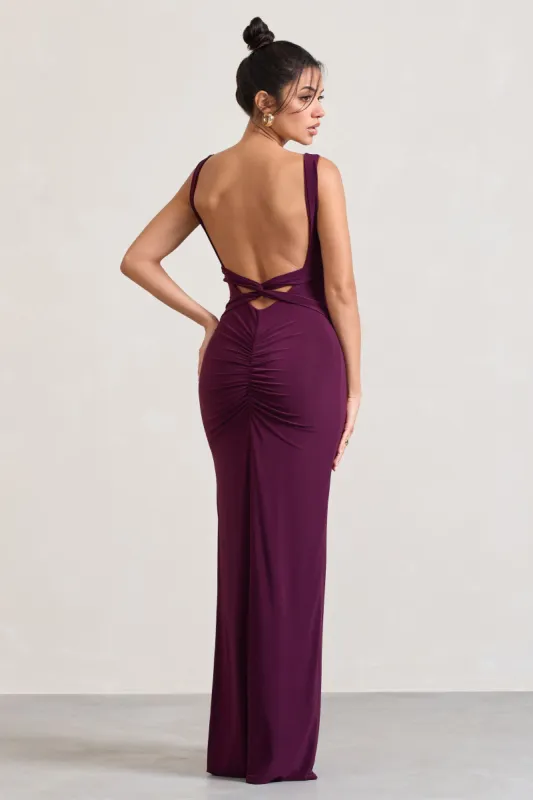 Elle | Plum Square-Neck Open-Back Split Maxi Dress sold by Club L London