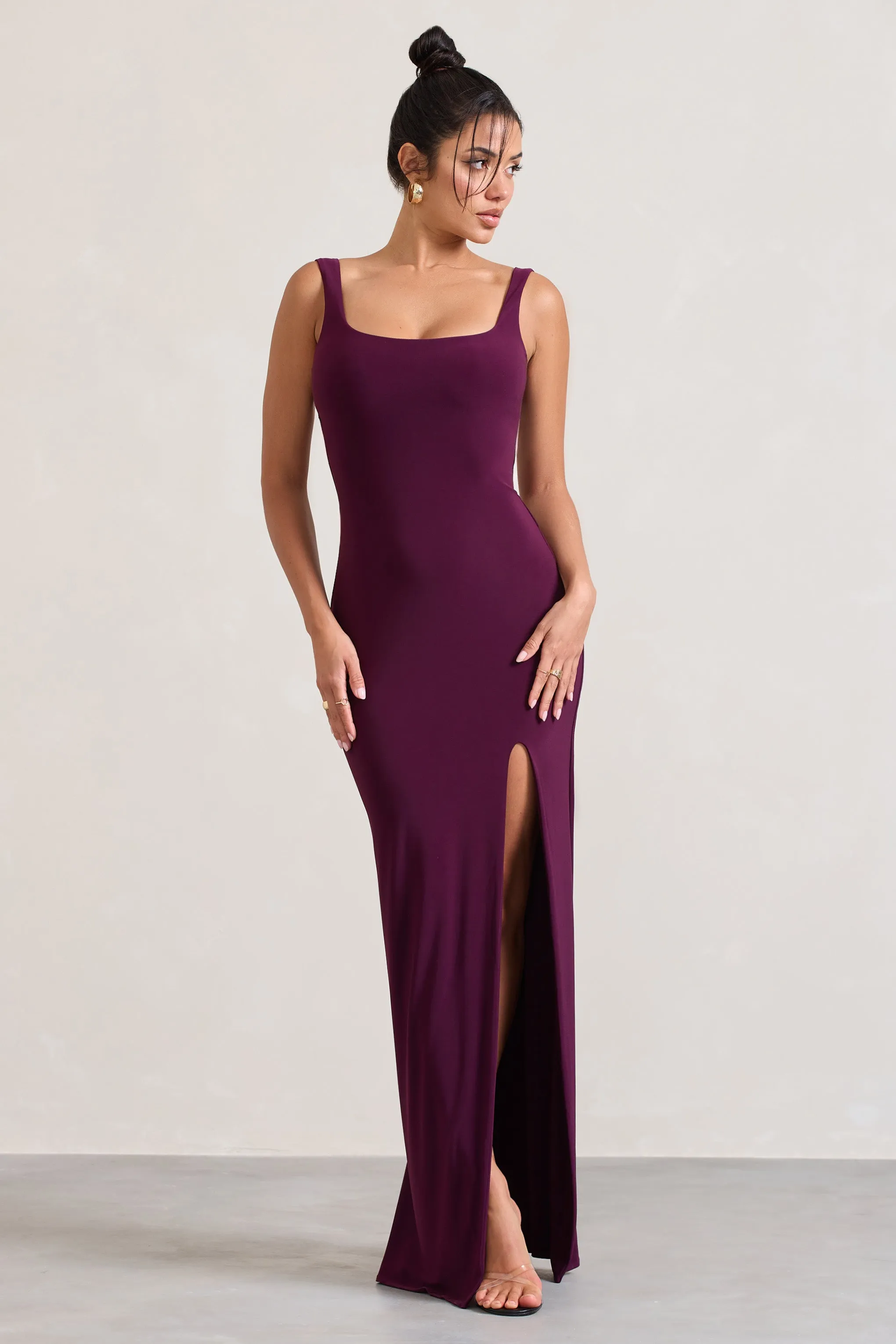 Elle | Plum Square-Neck Open-Back Split Maxi Dress sold by Club L London product image thumbnail 4