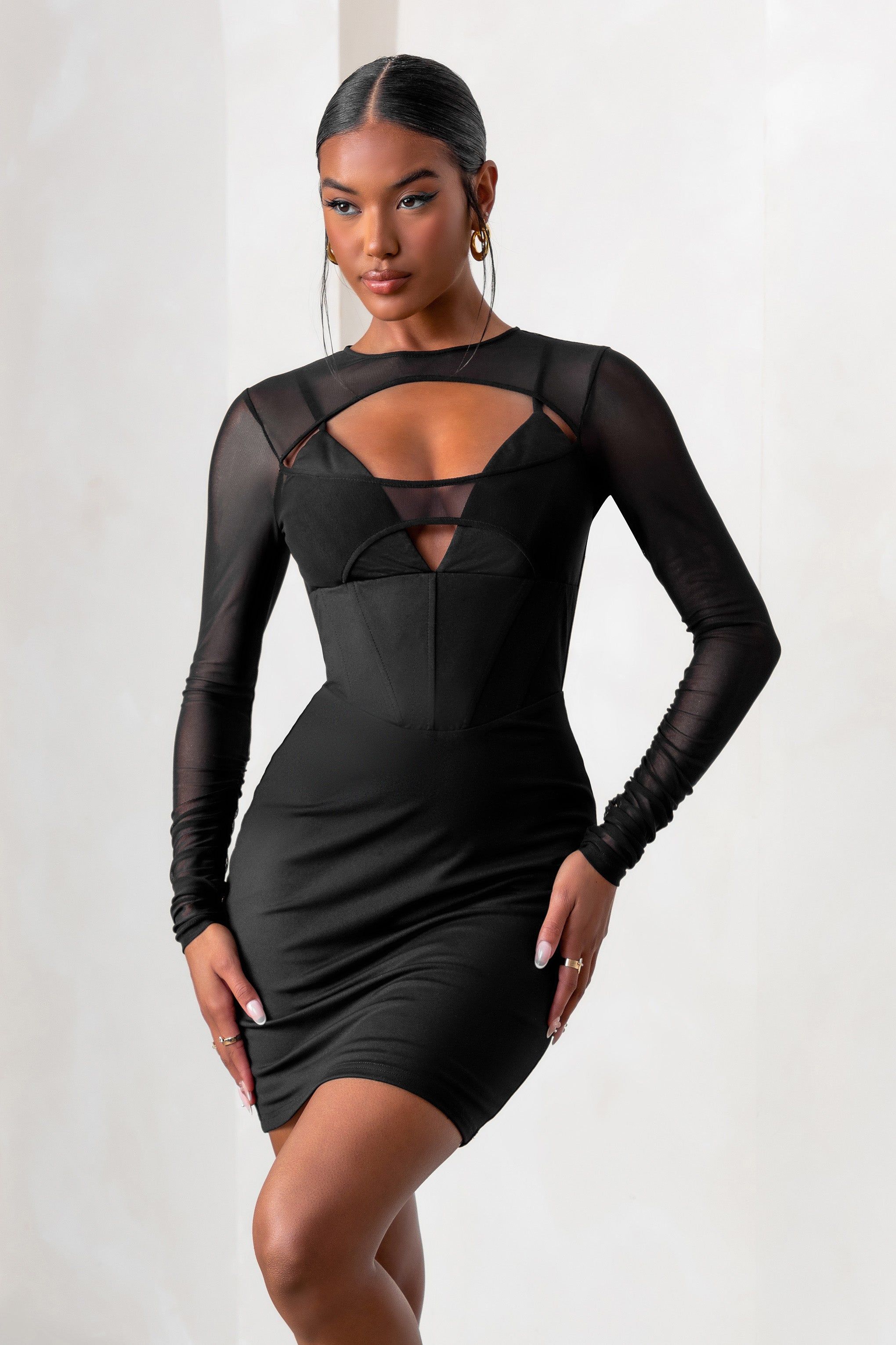 This Moment | Black High Neck Cut Out Mini Dress With Mesh Sleeves sold by Club L London product image thumbnail 4
