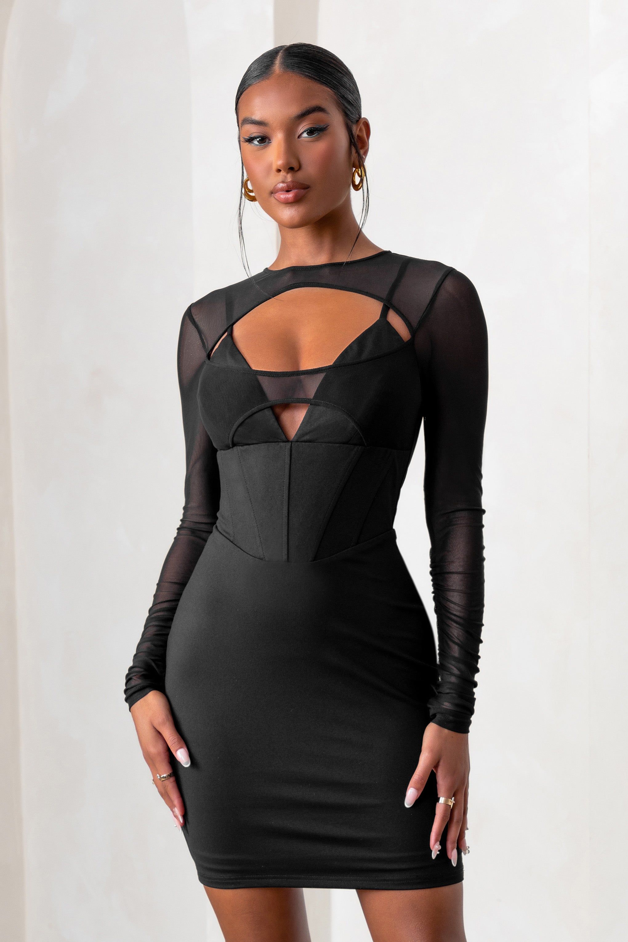 This Moment | Black High Neck Cut Out Mini Dress With Mesh Sleeves sold by Club L London