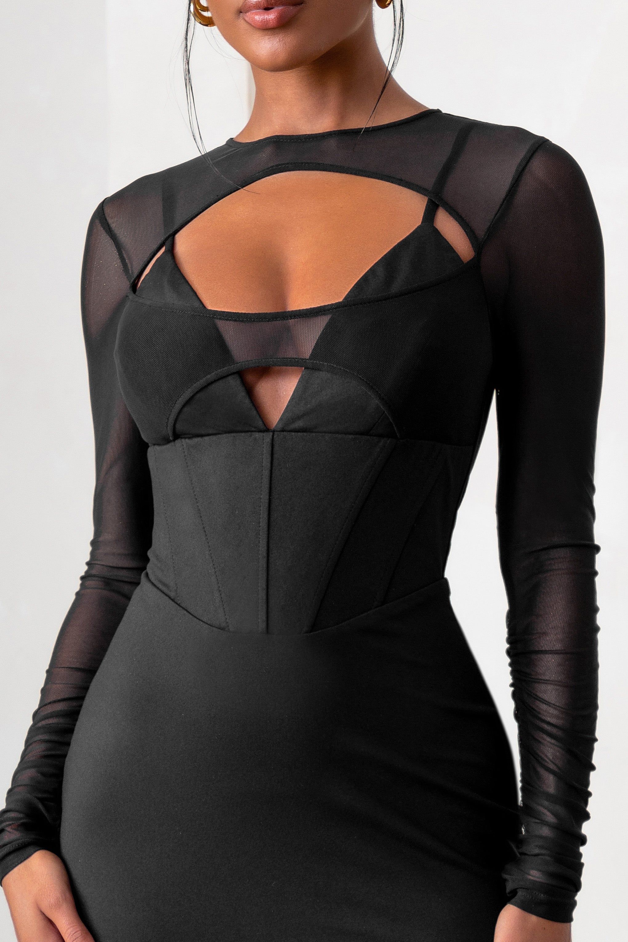 This Moment | Black High Neck Cut Out Mini Dress With Mesh Sleeves sold by Club L London product image thumbnail 3