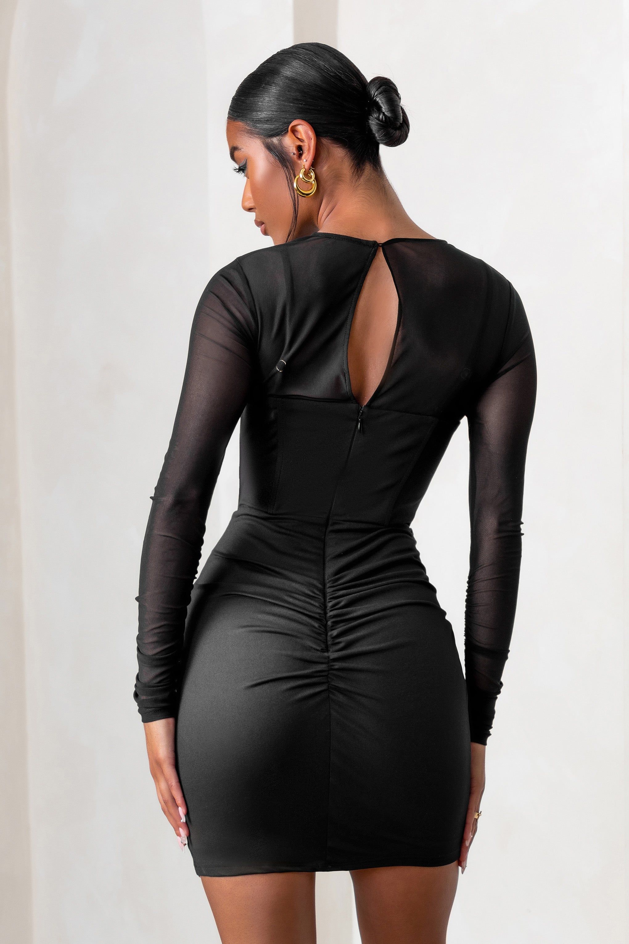 This Moment | Black High Neck Cut Out Mini Dress With Mesh Sleeves sold by Club L London product image thumbnail 2