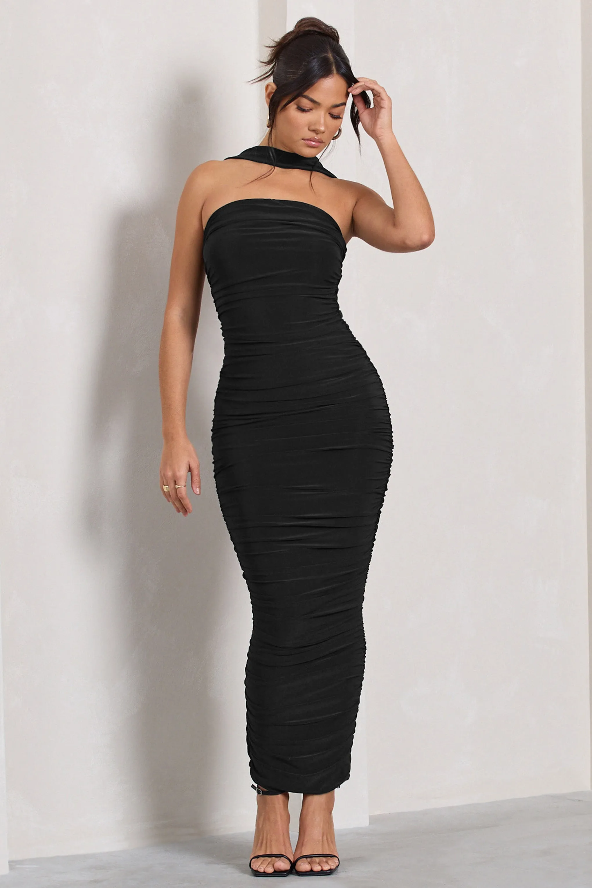 Entranced | Black Ruched Bandeau Maxi Dress With Halter Collar sold by Club L London product image thumbnail 5
