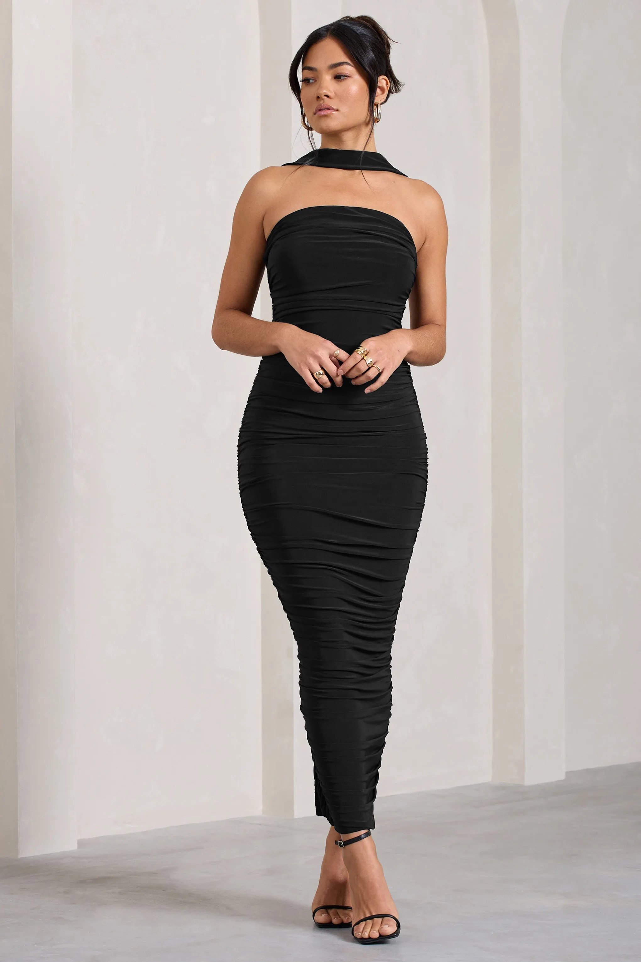 Entranced | Black Ruched Bandeau Maxi Dress With Halter Collar sold by Club L London product image thumbnail 4
