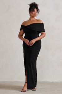 Eva | Black Bardot Bow Detail Maxi Dress With Thigh Split sold by Club L London