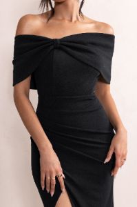 Eva | Black Bardot Bow Detail Maxi Dress With Thigh Split sold by Club L London