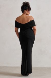 Eva | Black Bardot Bow Detail Maxi Dress With Thigh Split sold by Club L London