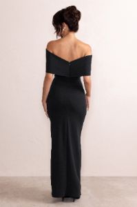 Eva | Black Bardot Bow Detail Maxi Dress With Thigh Split sold by Club L London