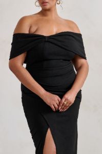 Eva | Black Bardot Bow Detail Maxi Dress With Thigh Split sold by Club L London