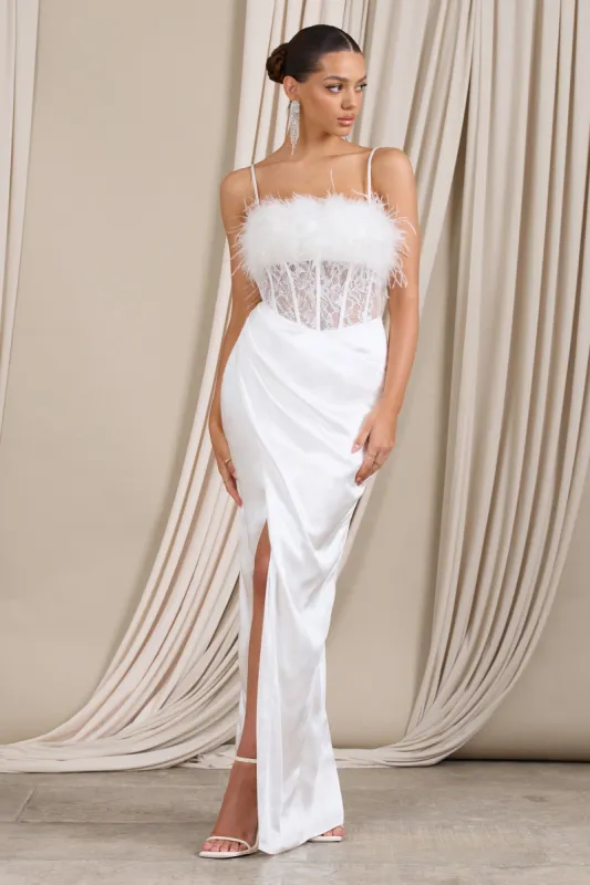 Countess | White Lace Corset Maxi Dress With Feather Trim sold by Club L London