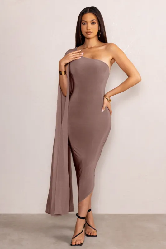 Aliana | Mocha Asymmetric Midi Dress with Cape Sleeve sold by Club L London