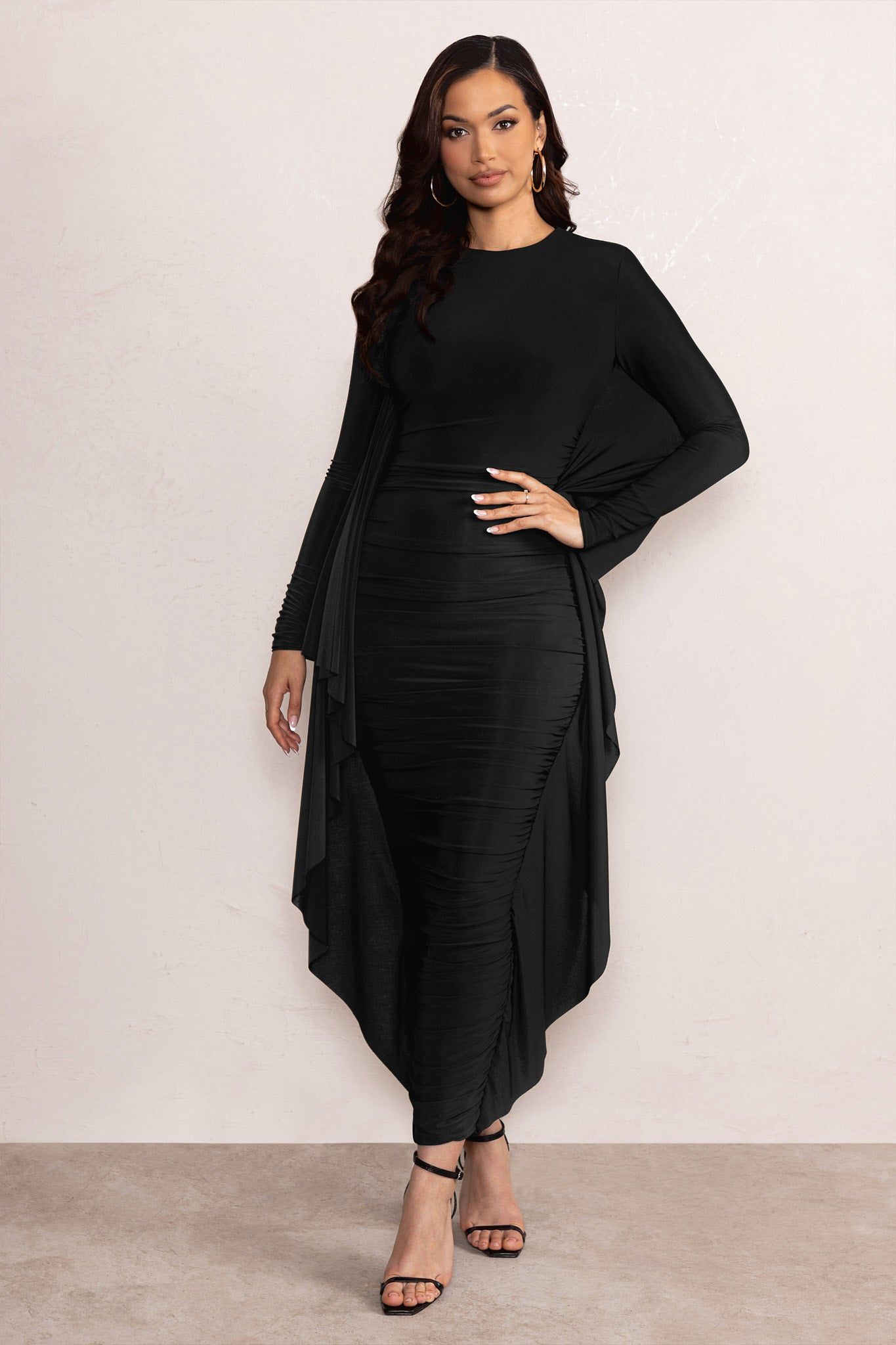 Keva | Black Long Sleeve Ruched Maxi Dress with Cape Detailing sold by Club L London