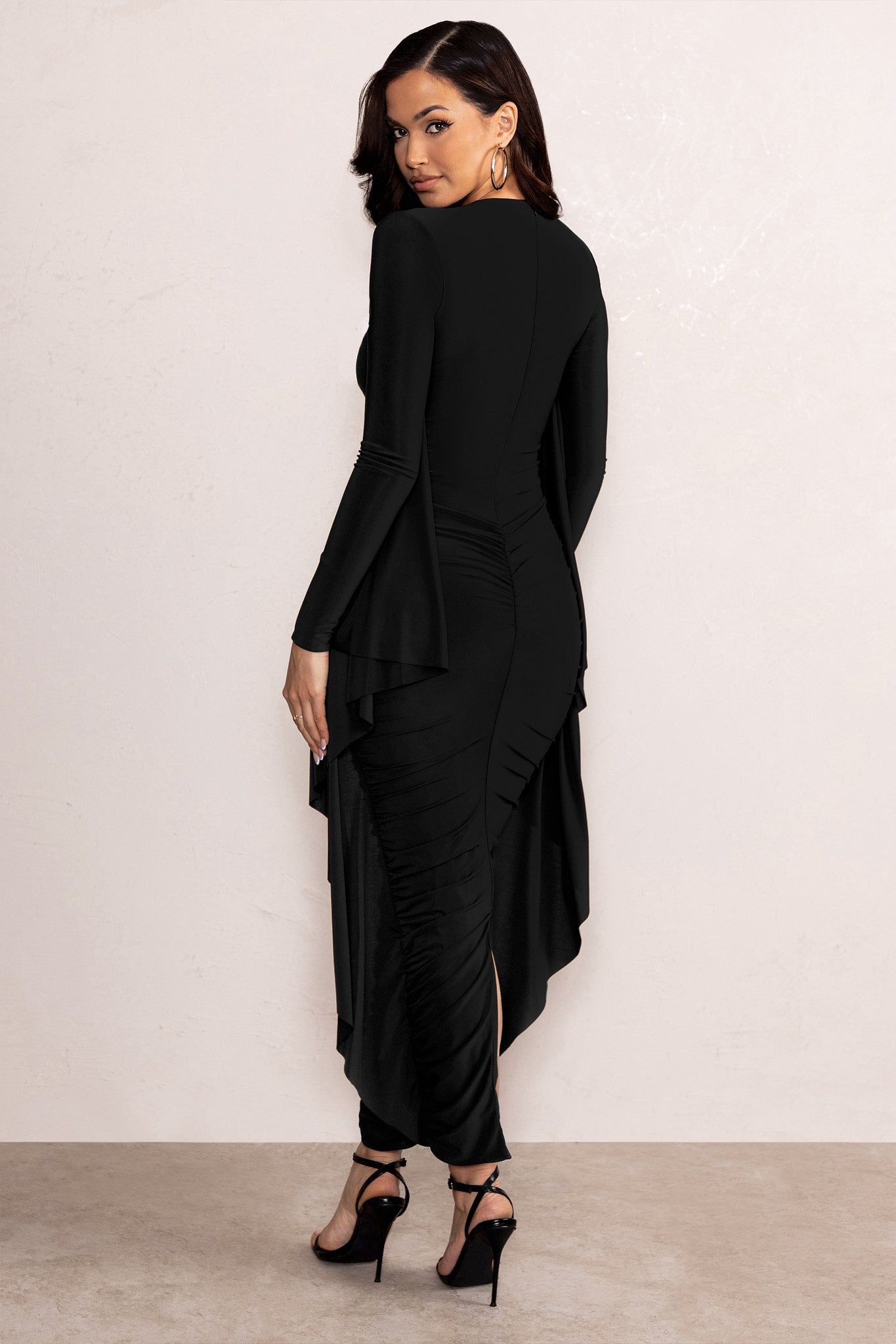 Keva | Black Long Sleeve Ruched Maxi Dress with Cape Detailing sold by Club L London product image thumbnail 2