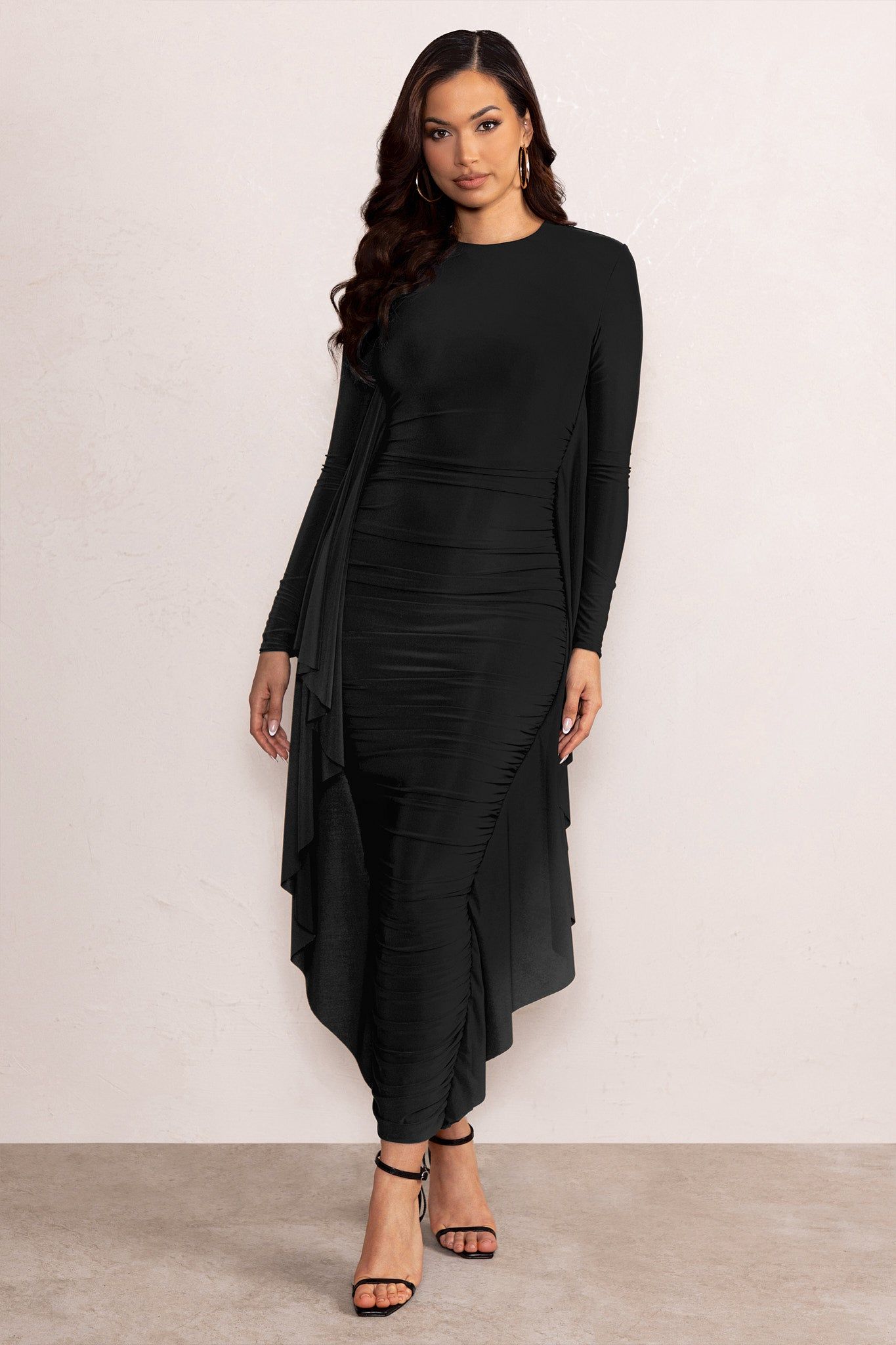 Keva | Black Long Sleeve Ruched Maxi Dress with Cape Detailing sold by Club L London product image thumbnail 4