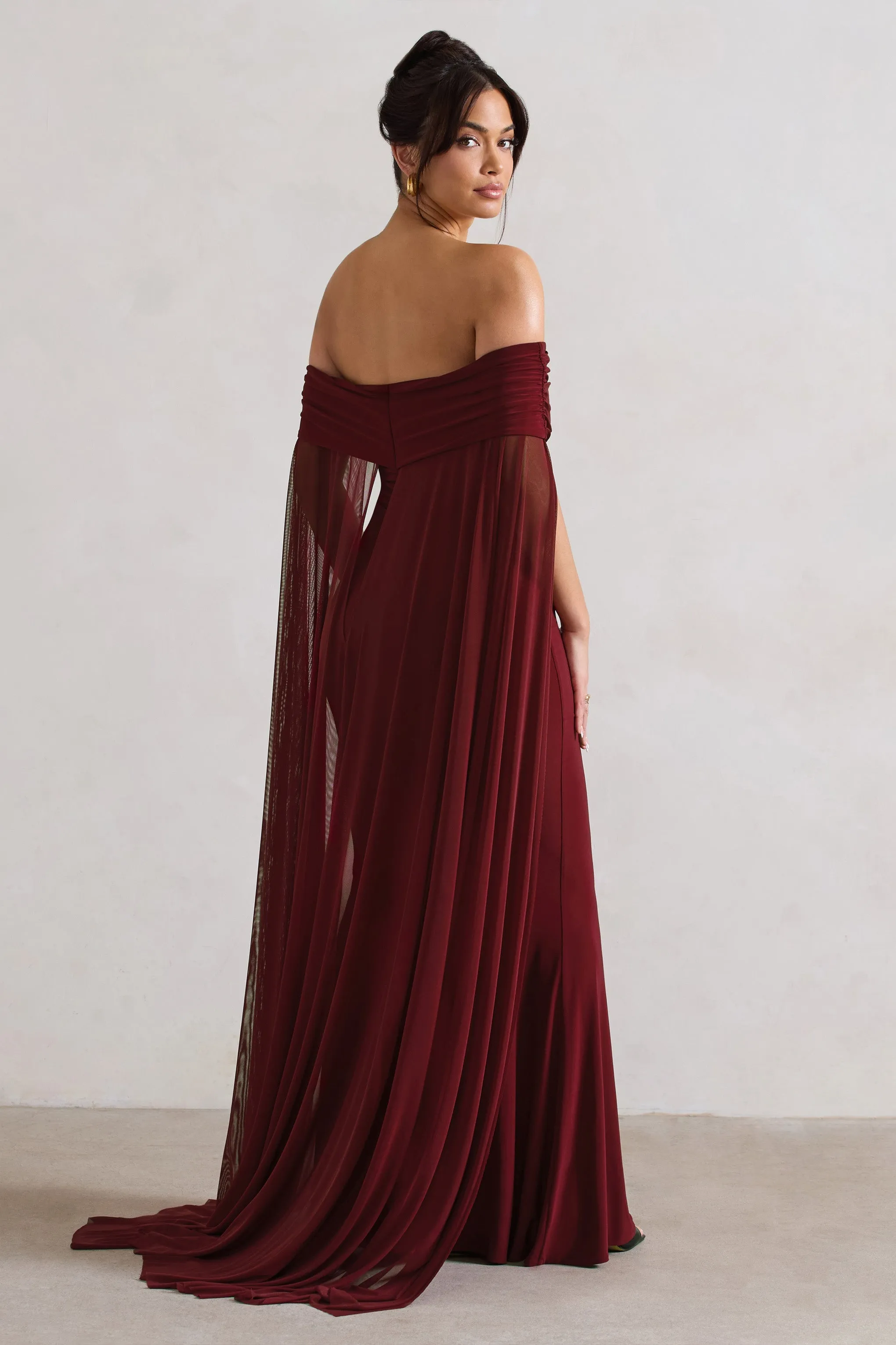 Carlotta | Berry Bardot Maxi Dress With Chiffon Cape sold by Club L London product image thumbnail 3